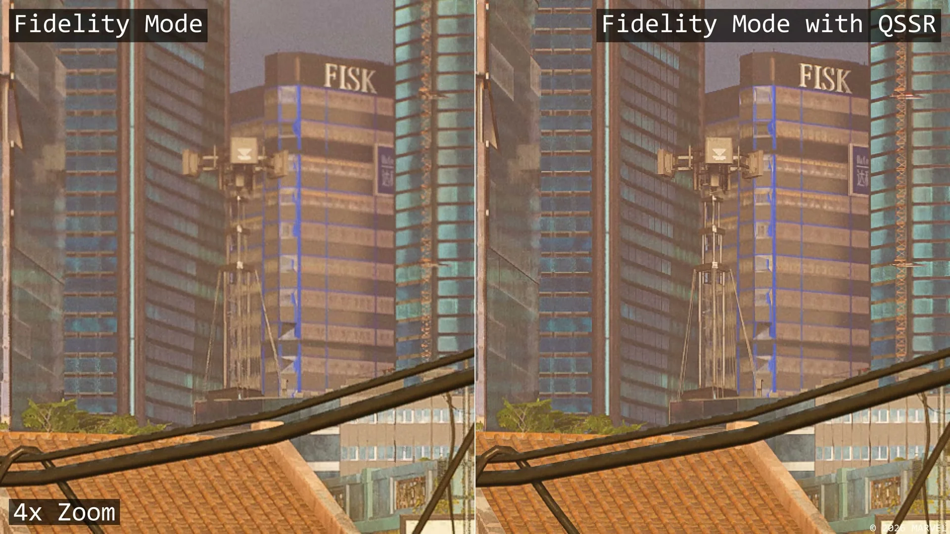 A four-times city-detail comparison of Wolverine Fidelity Mode with QSSR on and off