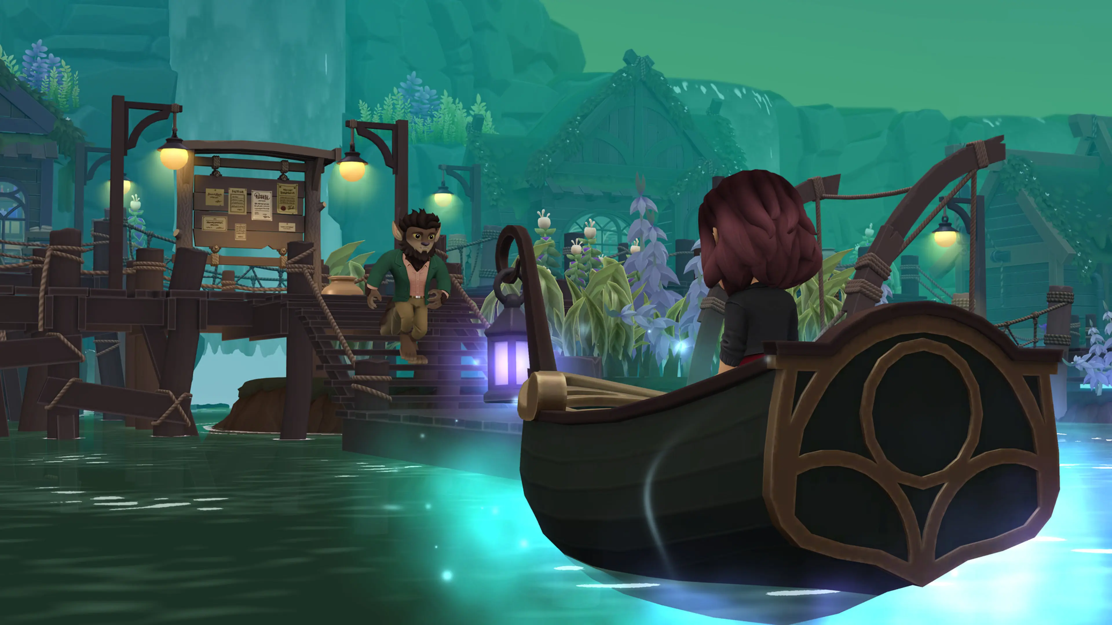 Tara traveling by boat through a magical area in Wylde Flowers.