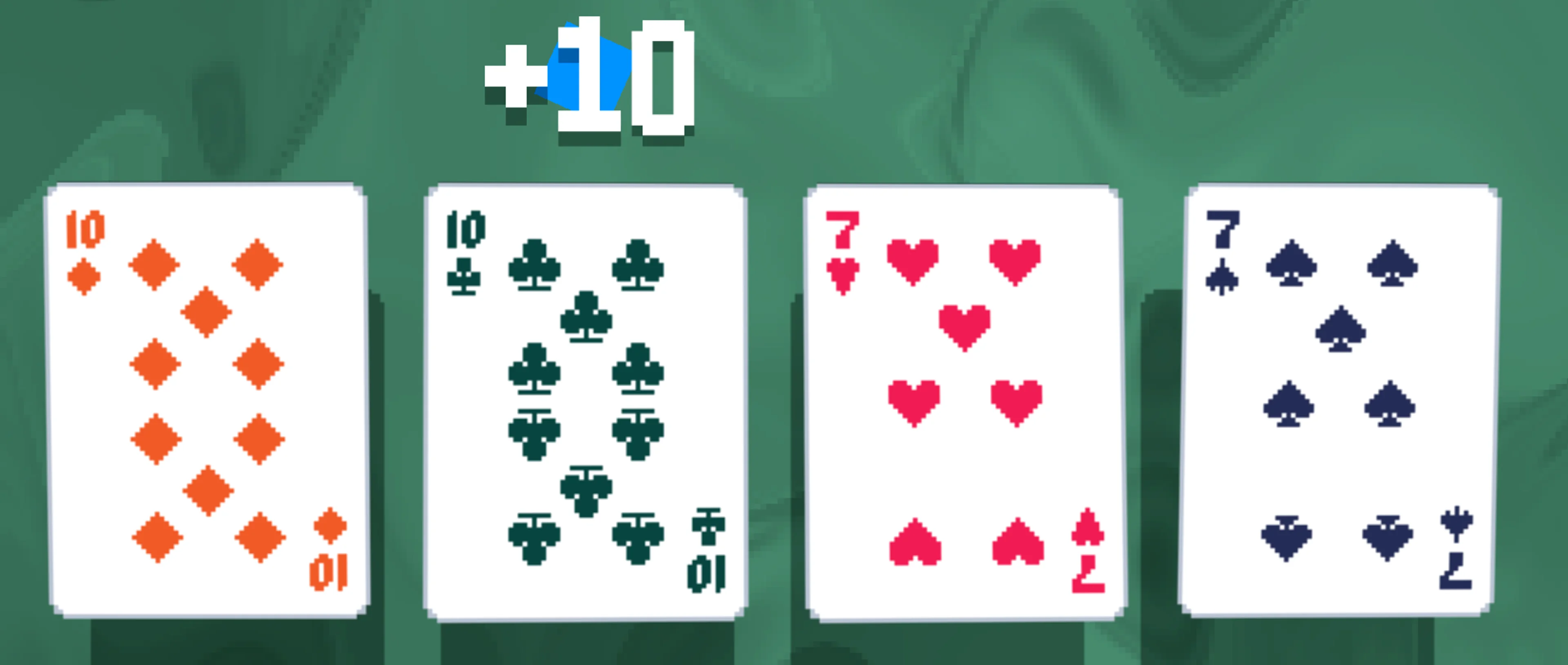 Two Tens and two Sevens form the played Two Pair row, with a blue +10 popup above one Ten.
