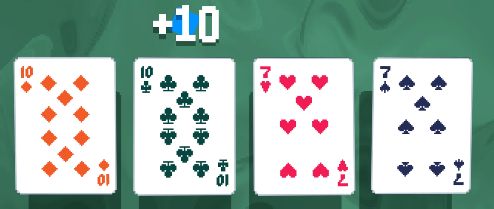 Two Tens and two Sevens form the played Two Pair row, with a blue +10 popup above one Ten.
