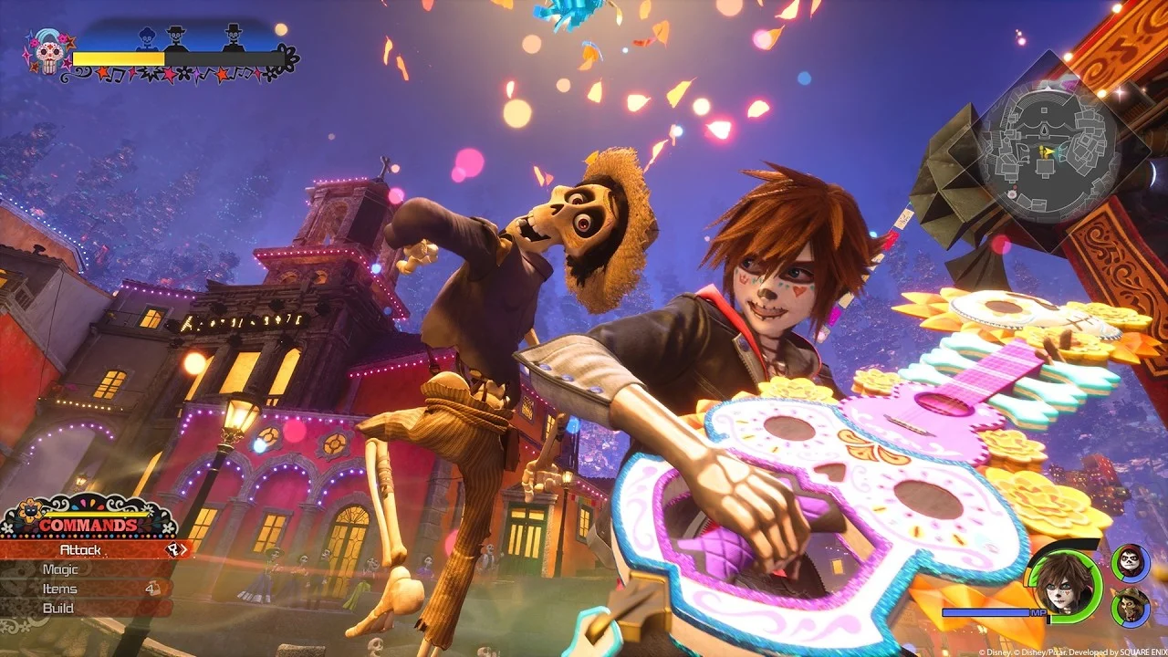Sora and Héctor fight together in the Land of the Dead in Kingdom Hearts IV.