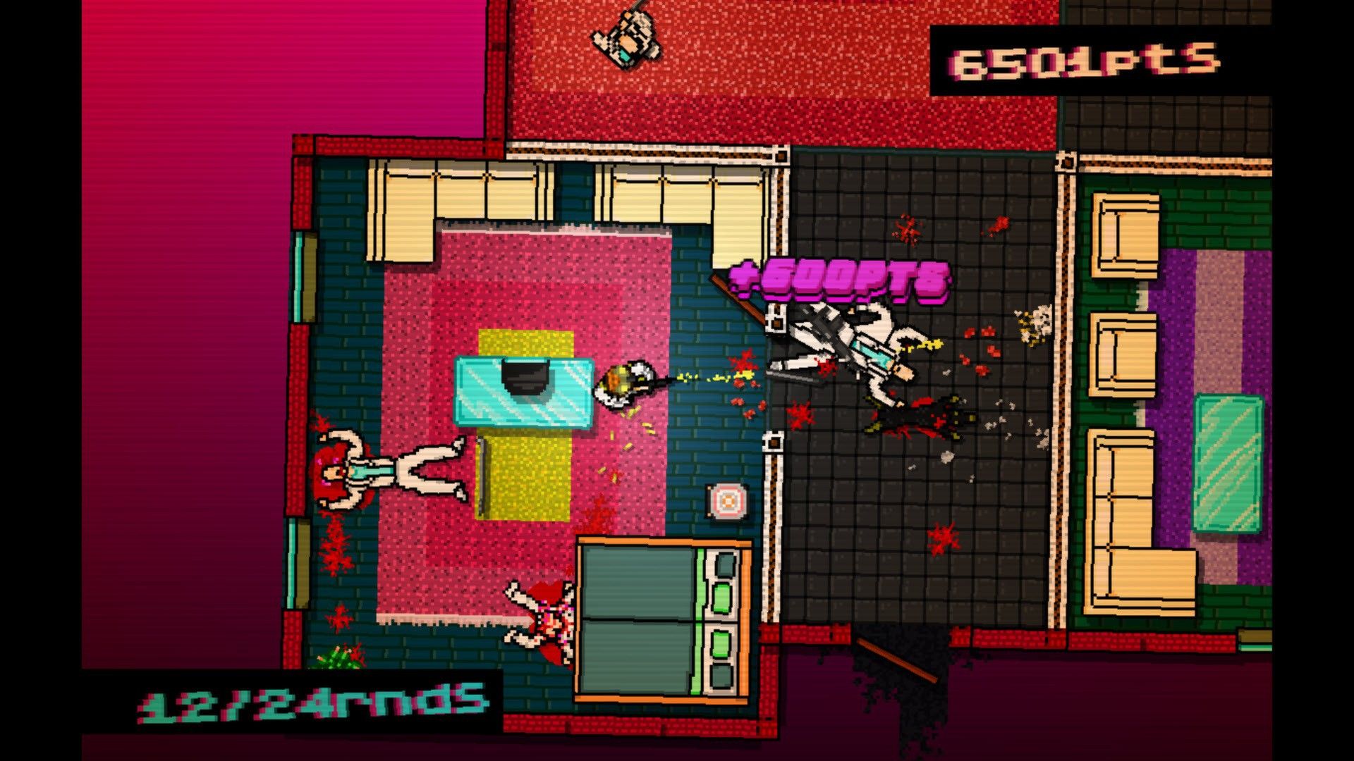 Top-down Hotline Miami room with the masked player near a turquoise table, a score counter and blood on the floors.
