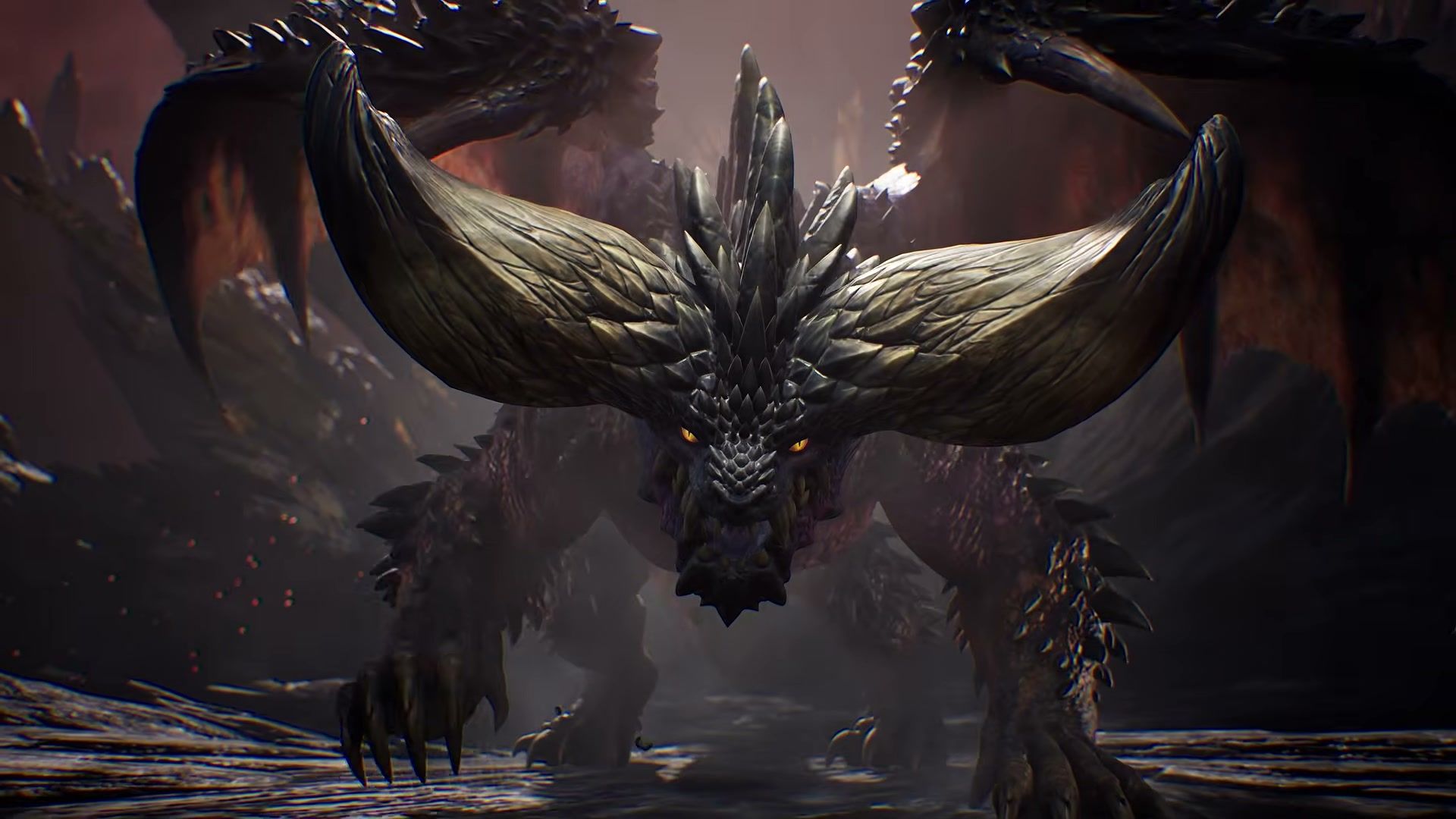 A massive horned winged monster advances through a cavern in Monster Hunter Outlanders.