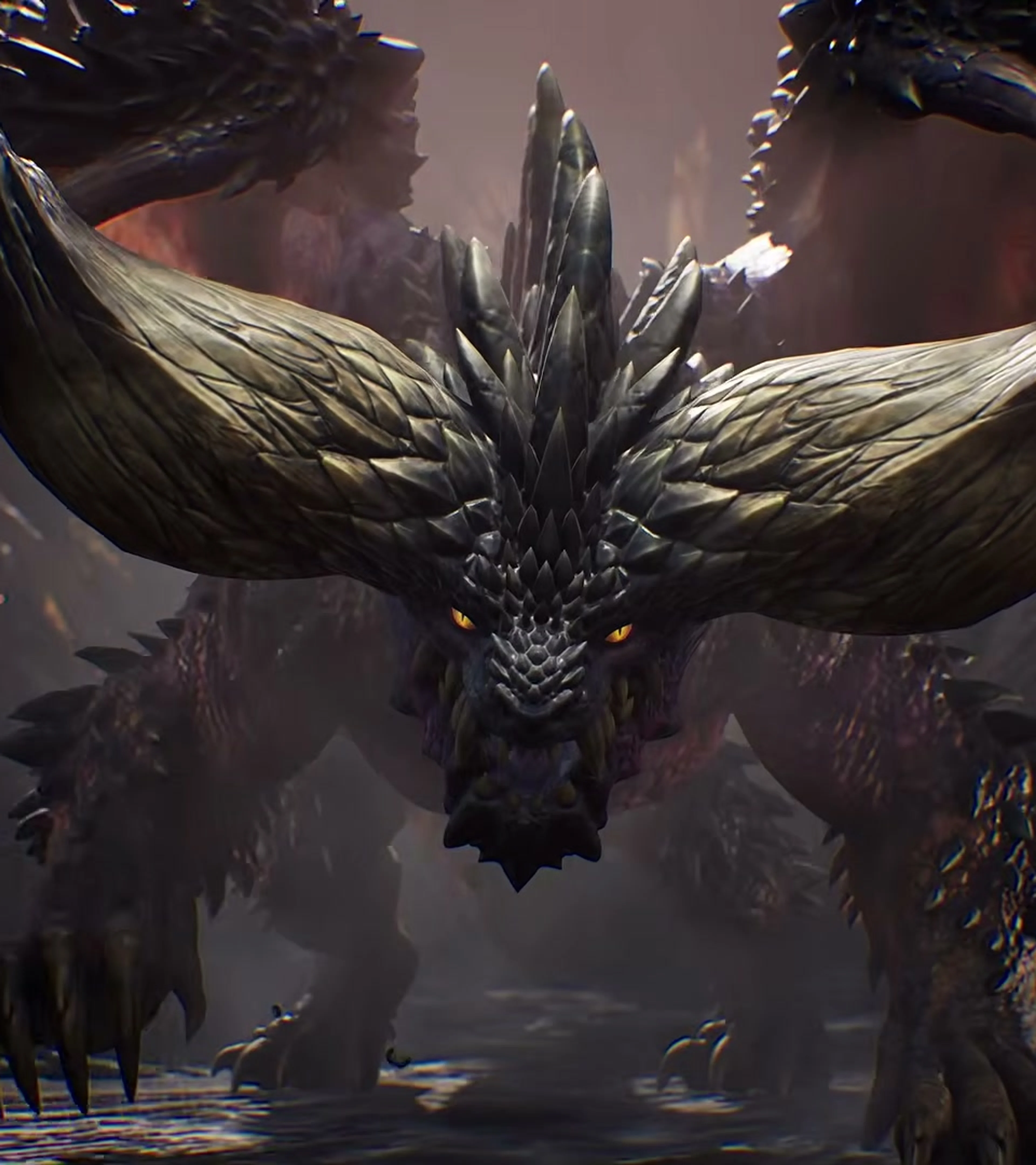 A massive horned winged monster advances through a cavern in Monster Hunter Outlanders.