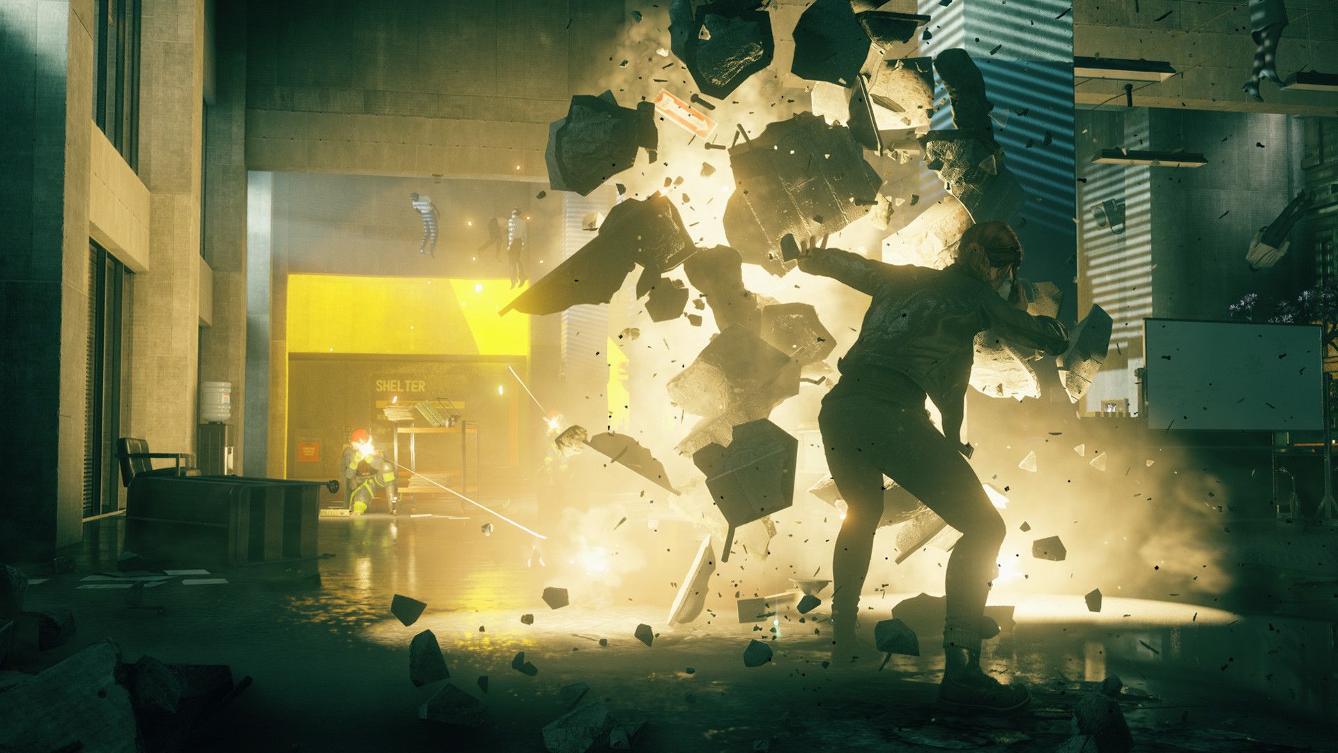 Jesse uses a supernatural force to scatter objects in a bright office.