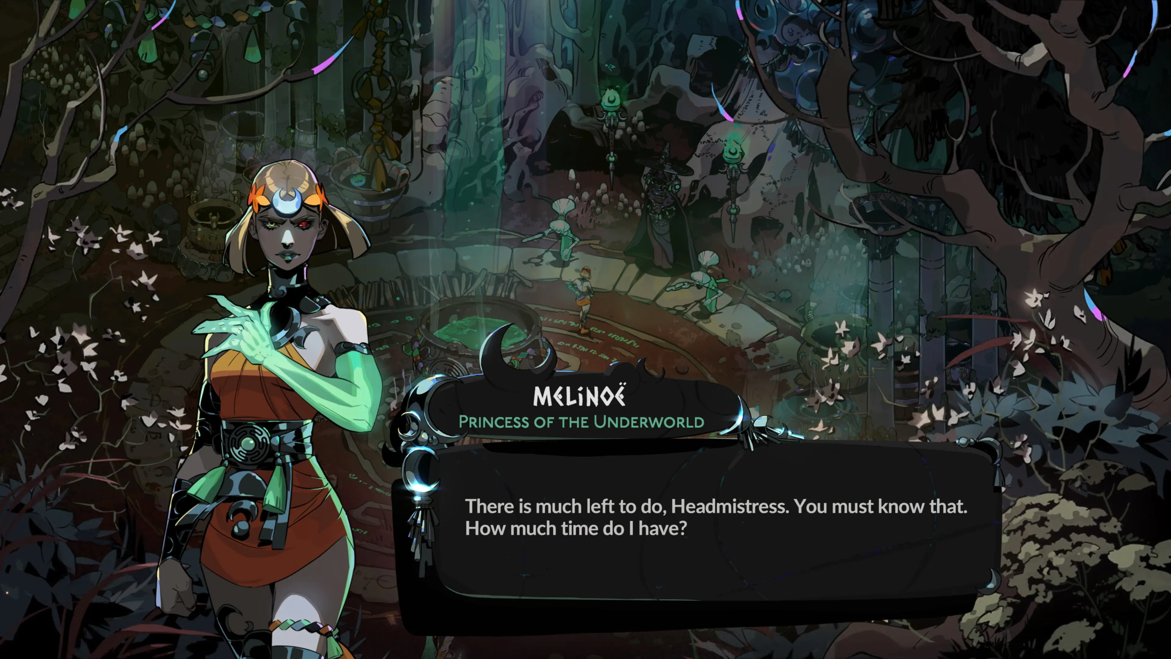 Official Hades II image showing Melinoe in conversation during one of the game's story scenes.