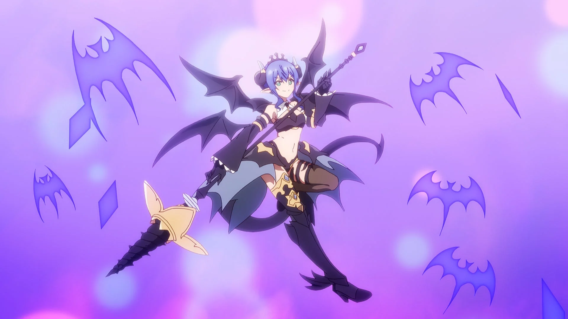 Velretta holds a spear in a bright purple scene from the official Arcanadea anime teaser.