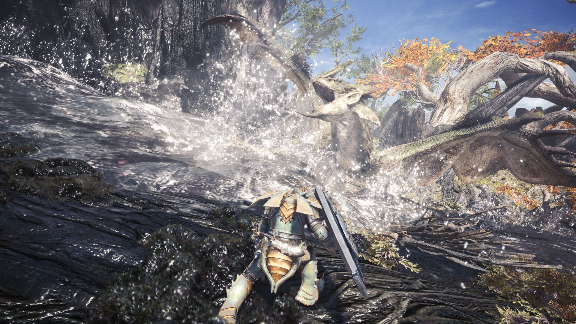 A hunter fights beside splashing water while a long-bodied monster moves through the area.