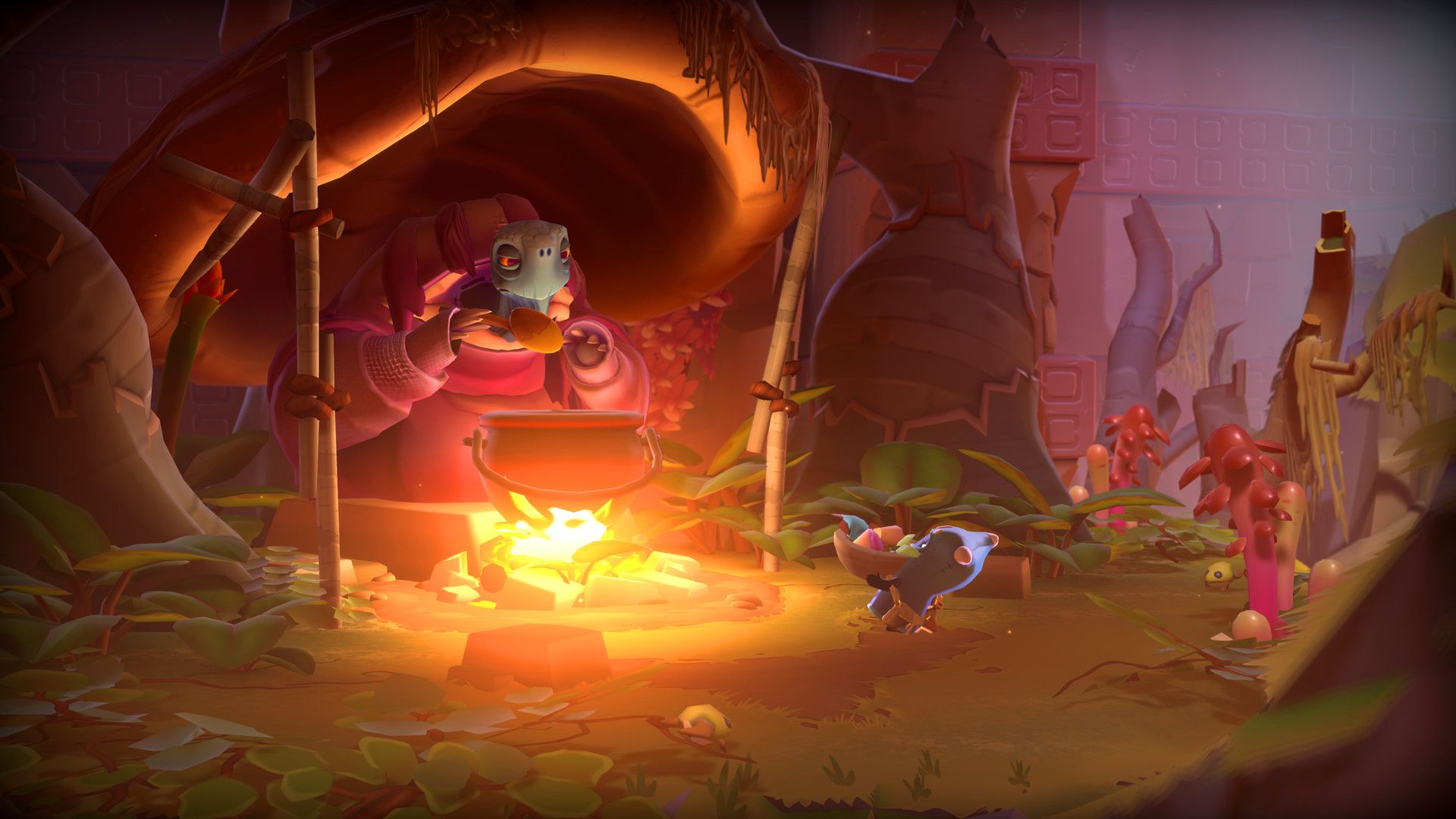 A small character tends a pot above a warm fire inside a shelter in The Last Campfire.