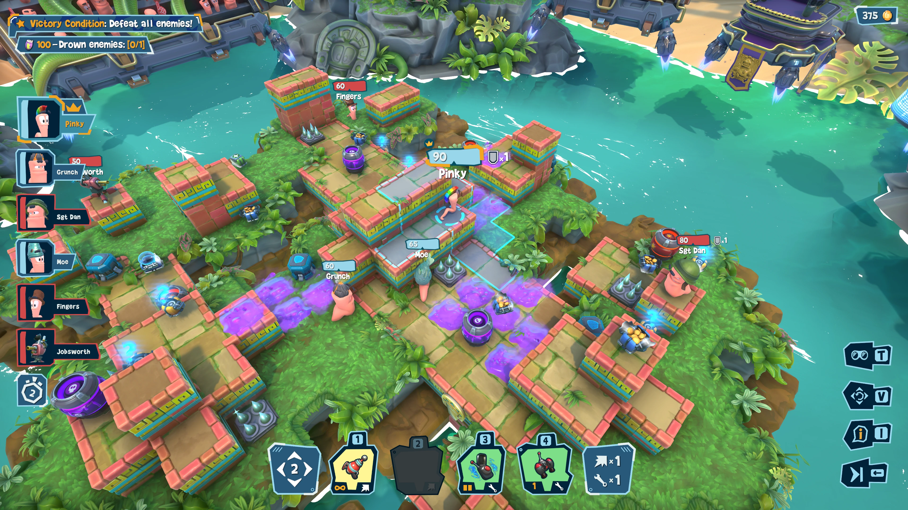 Two Worm squads take positions across a colorful jungle arena surrounded by water.