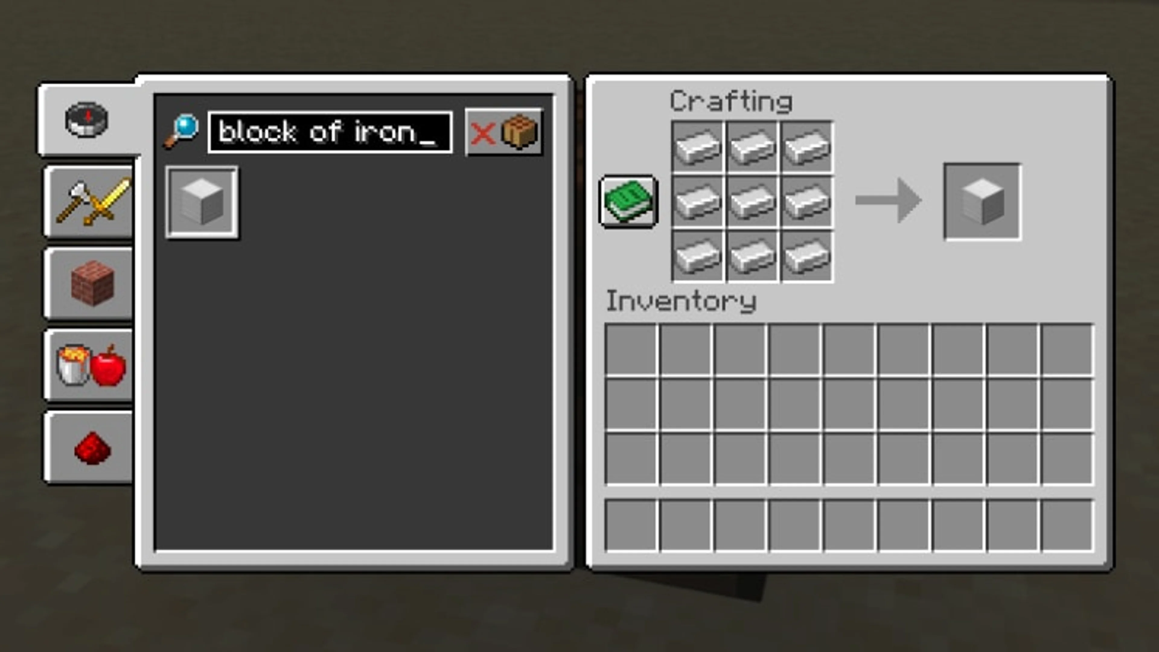 The Minecraft crafting interface showing nine iron ingots being combined into an iron block.