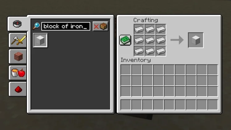 The Minecraft crafting interface showing nine iron ingots being combined into an iron block.
