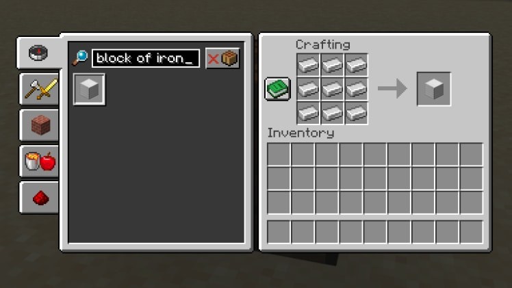 The Minecraft crafting interface showing nine iron ingots being combined into an iron block.
