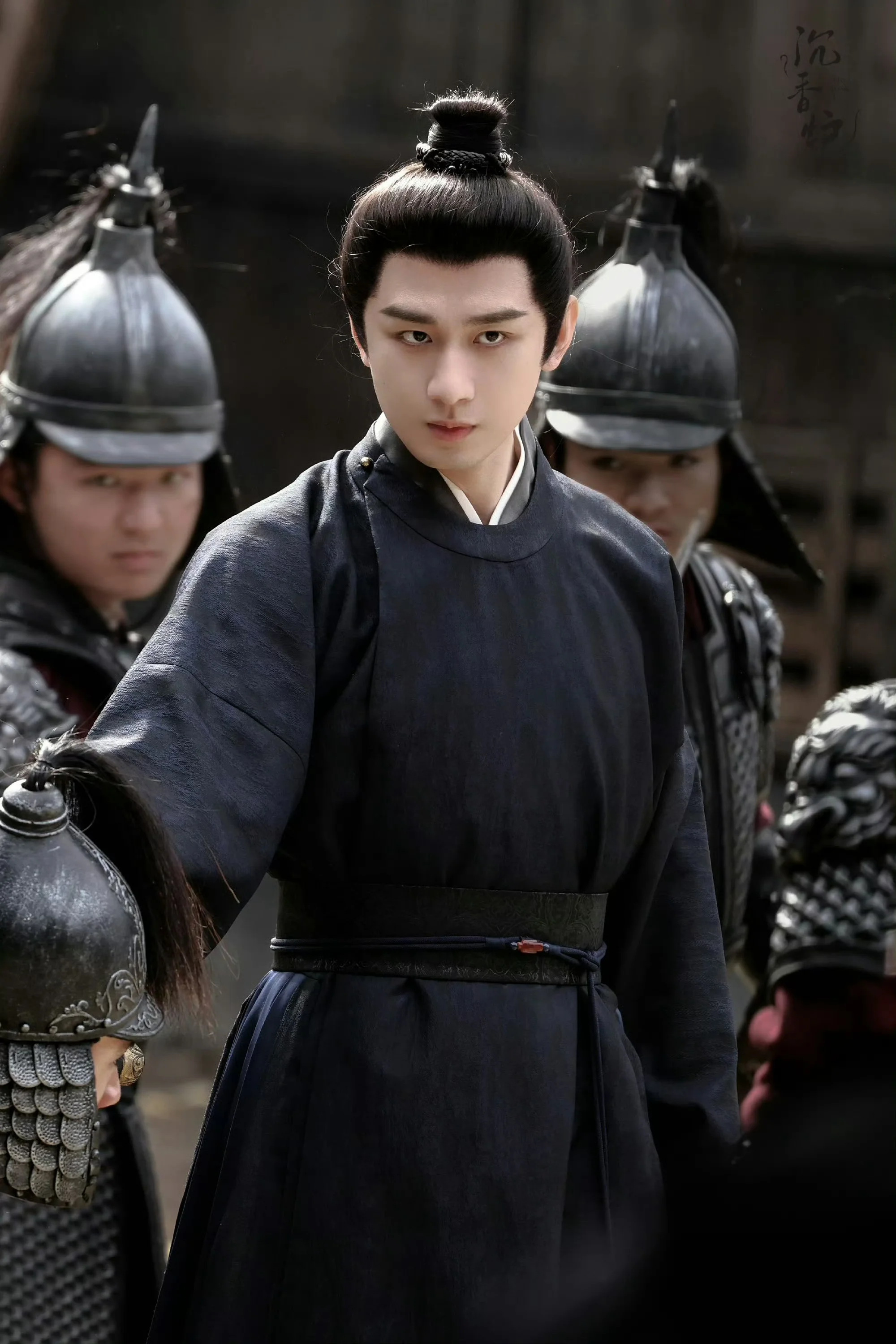 Cheng Yi in costume as Zhu Zhanji with armored guards in River of No Return.