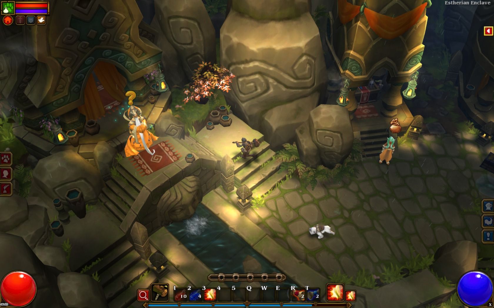 Torchlight II character and pet near a bright Enclave settlement.