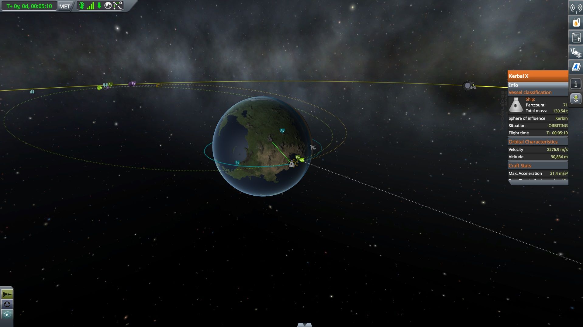 Map view shows Kerbin, a green flight path and a control panel at the side.