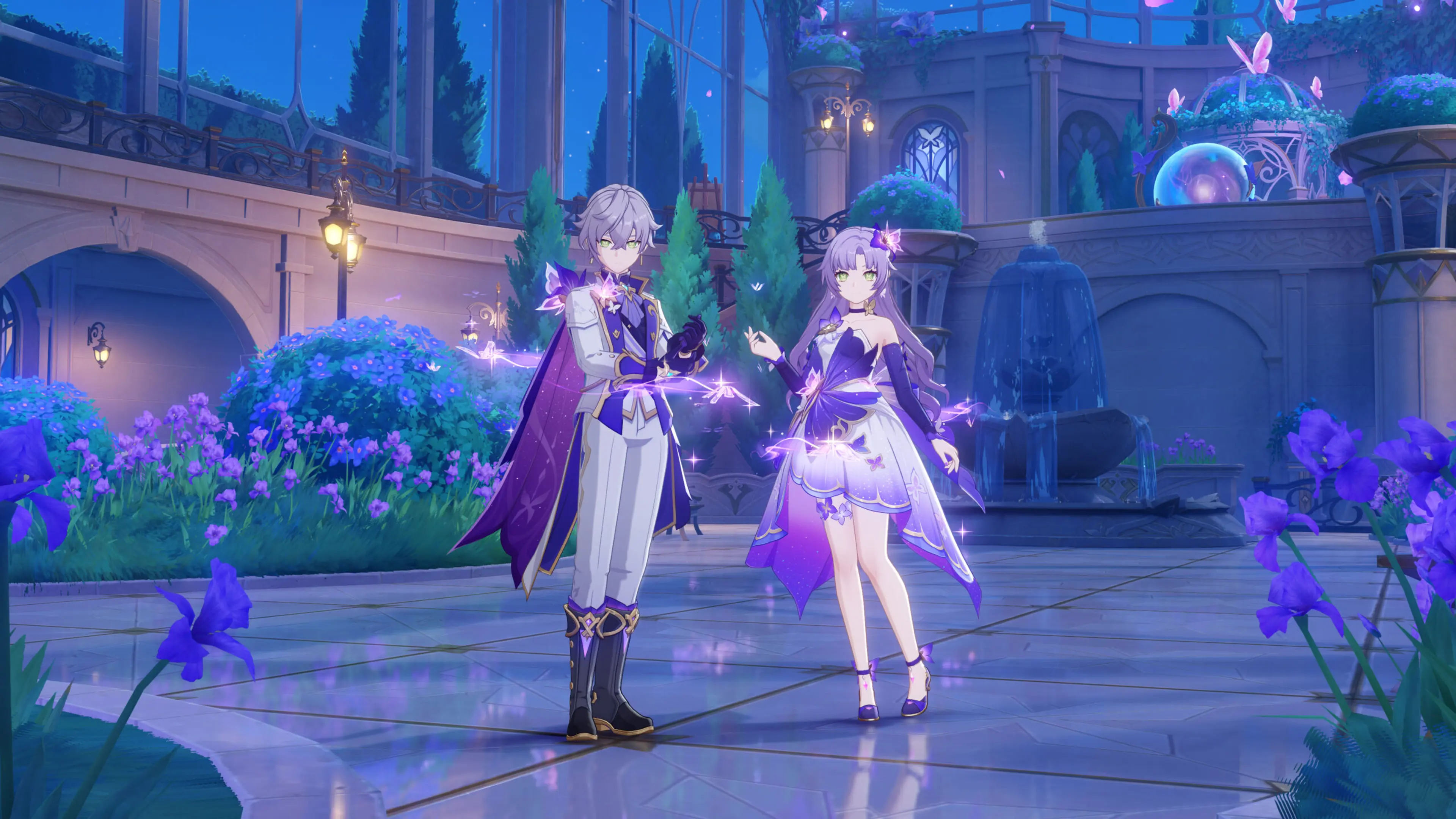 Two Genshin Impact characters standing together in a garden