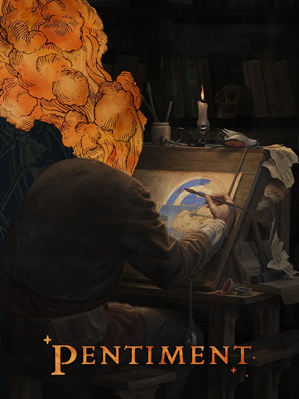 Official Pentiment cover with Andreas Maler at work in manuscript-inspired art and the title.