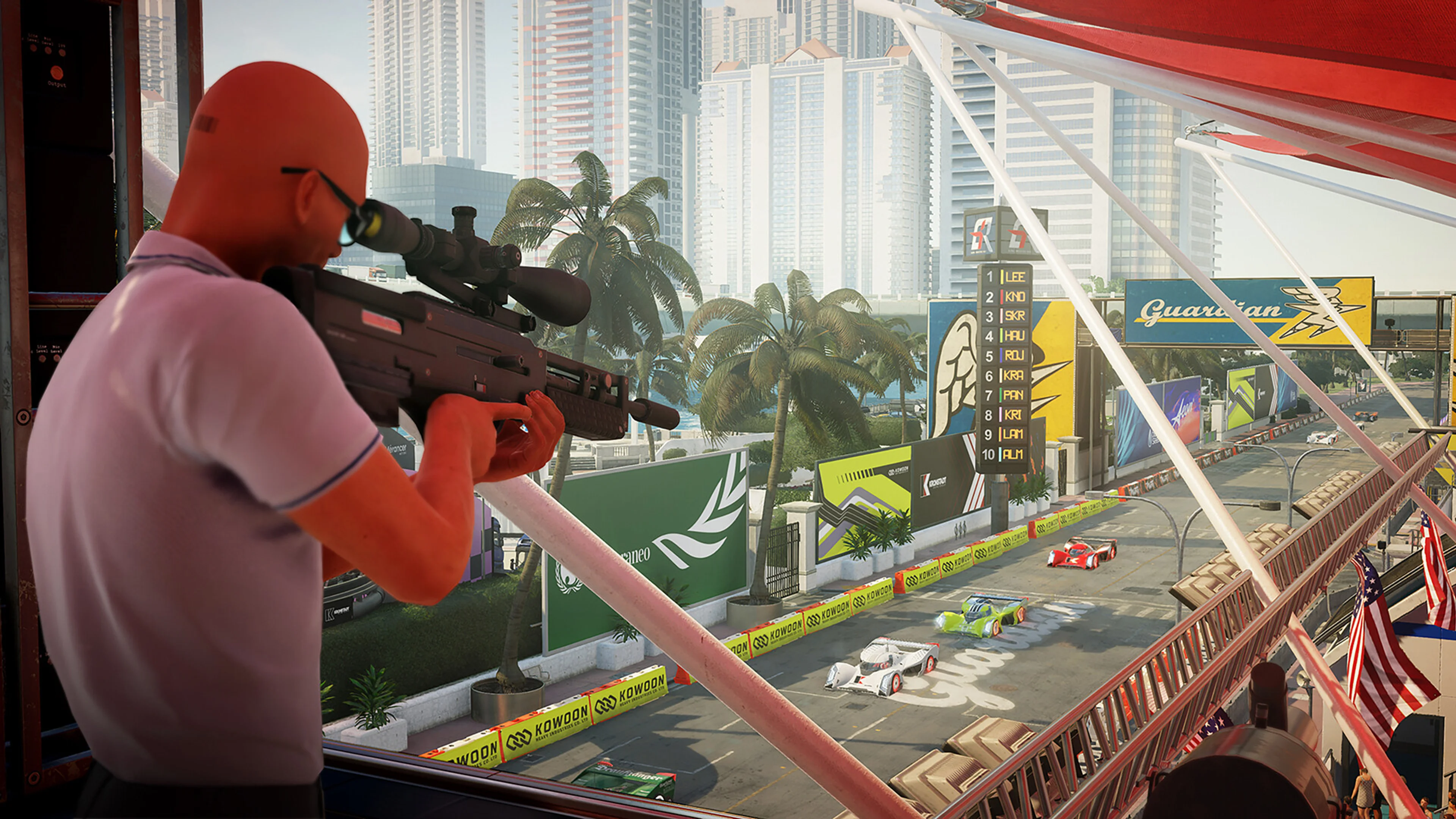 Agent 47 aims a sniper rifle over a race circuit in HITMAN World of Assassination.