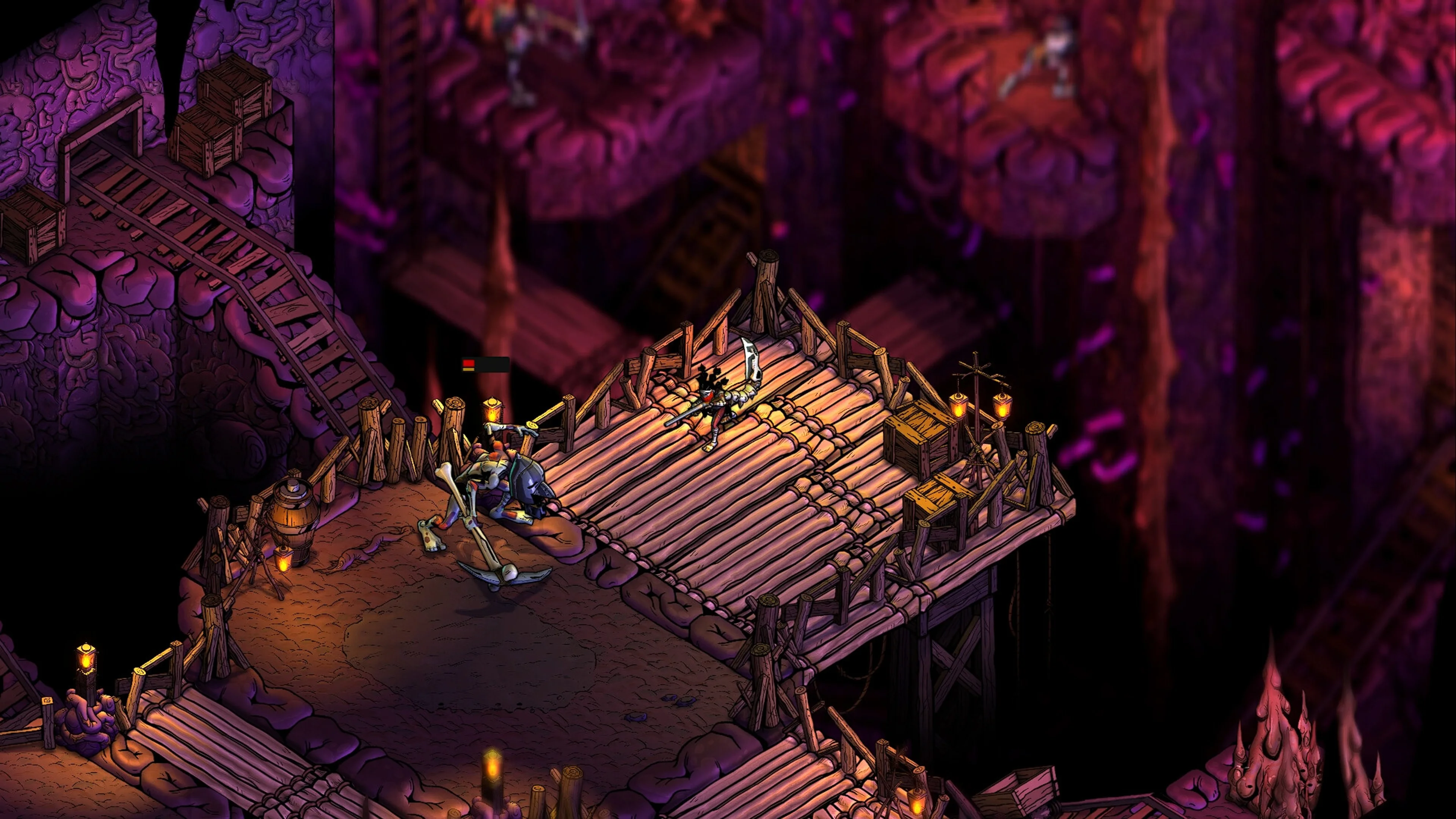 The player crosses a wooden bridge through a dark cavern in Blighted.