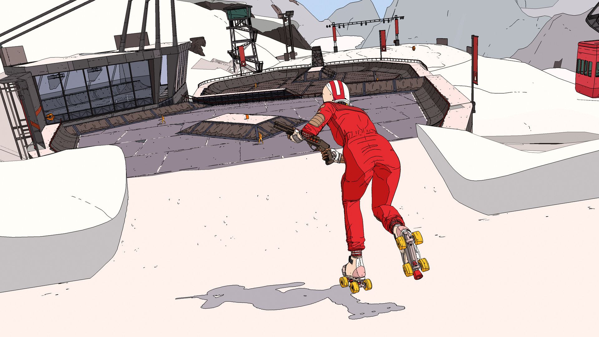 Kara skates toward ramps at a snowy mountaintop arena.