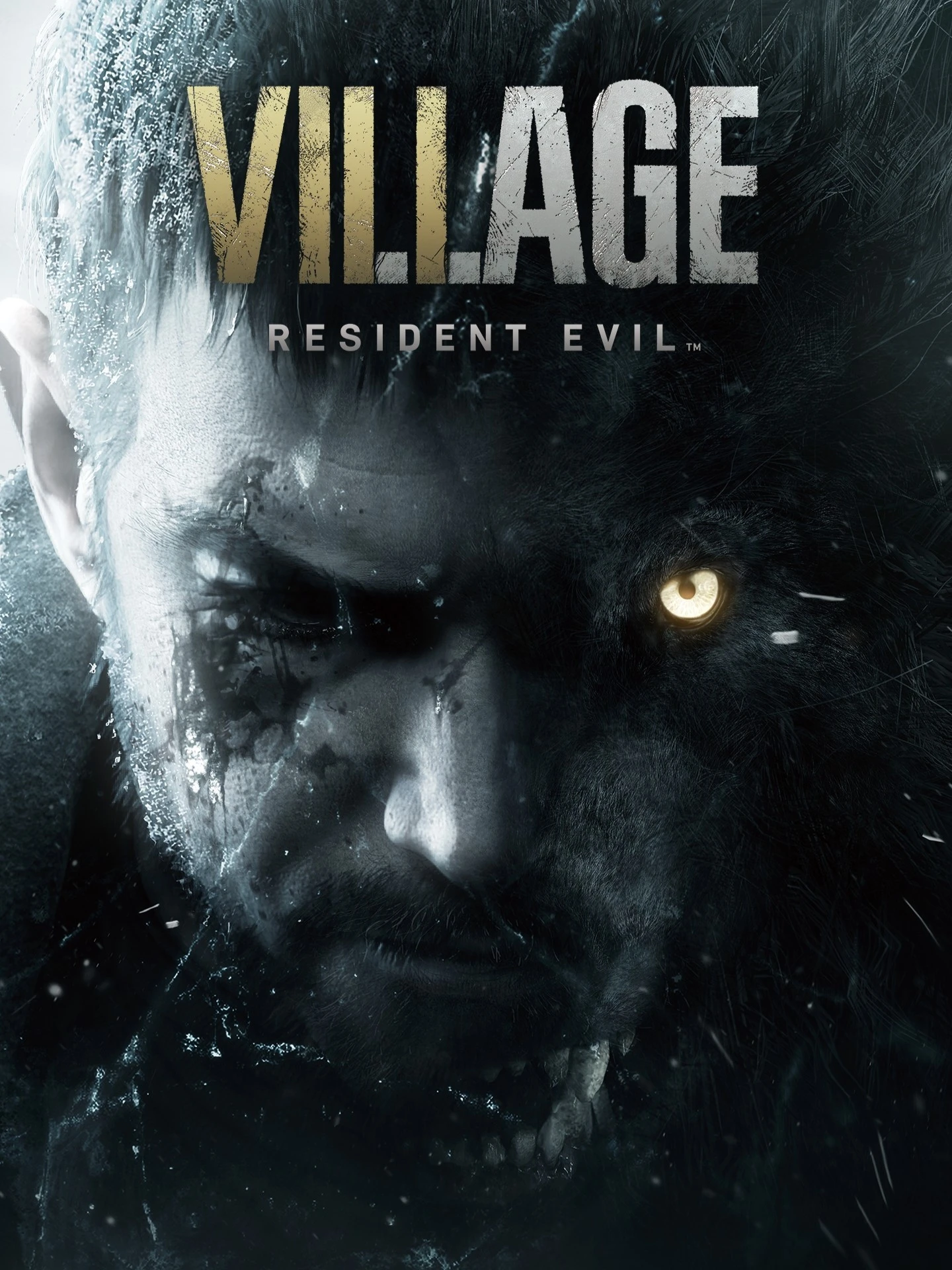 Official Resident Evil Village cover showing a split human and wolf-like face beneath the game title.