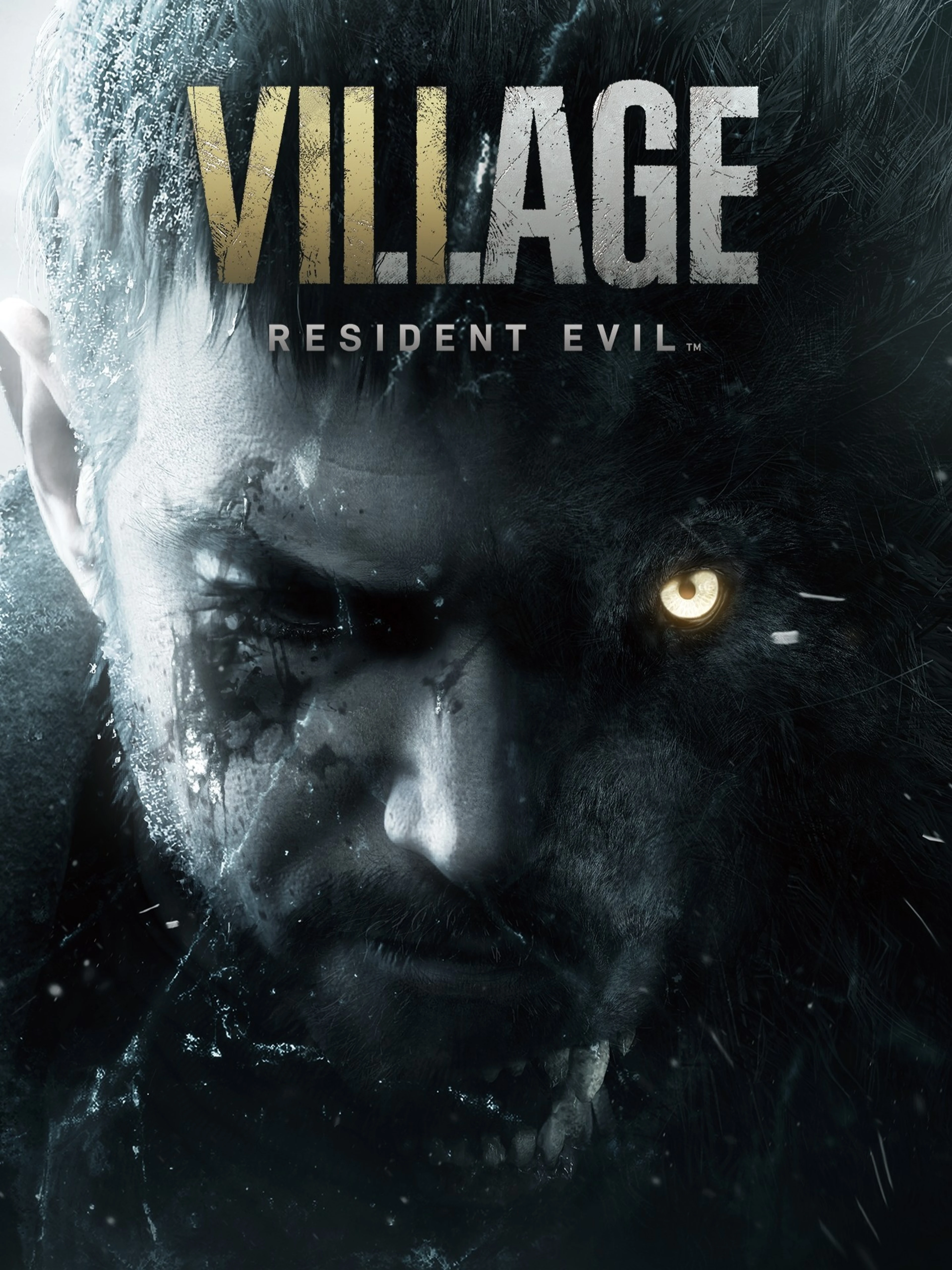 Official Resident Evil Village cover showing a split human and wolf-like face beneath the game title.