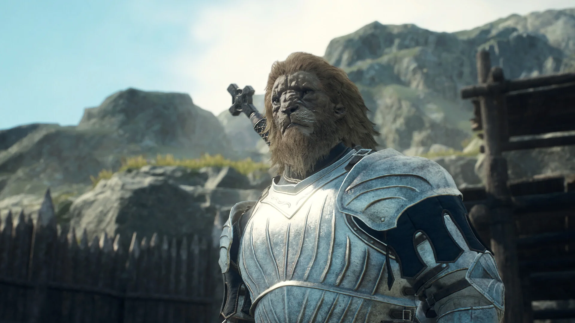 A heavily armored Beastren warrior stands in a Battahl outpost in Dragon's Dogma 2.