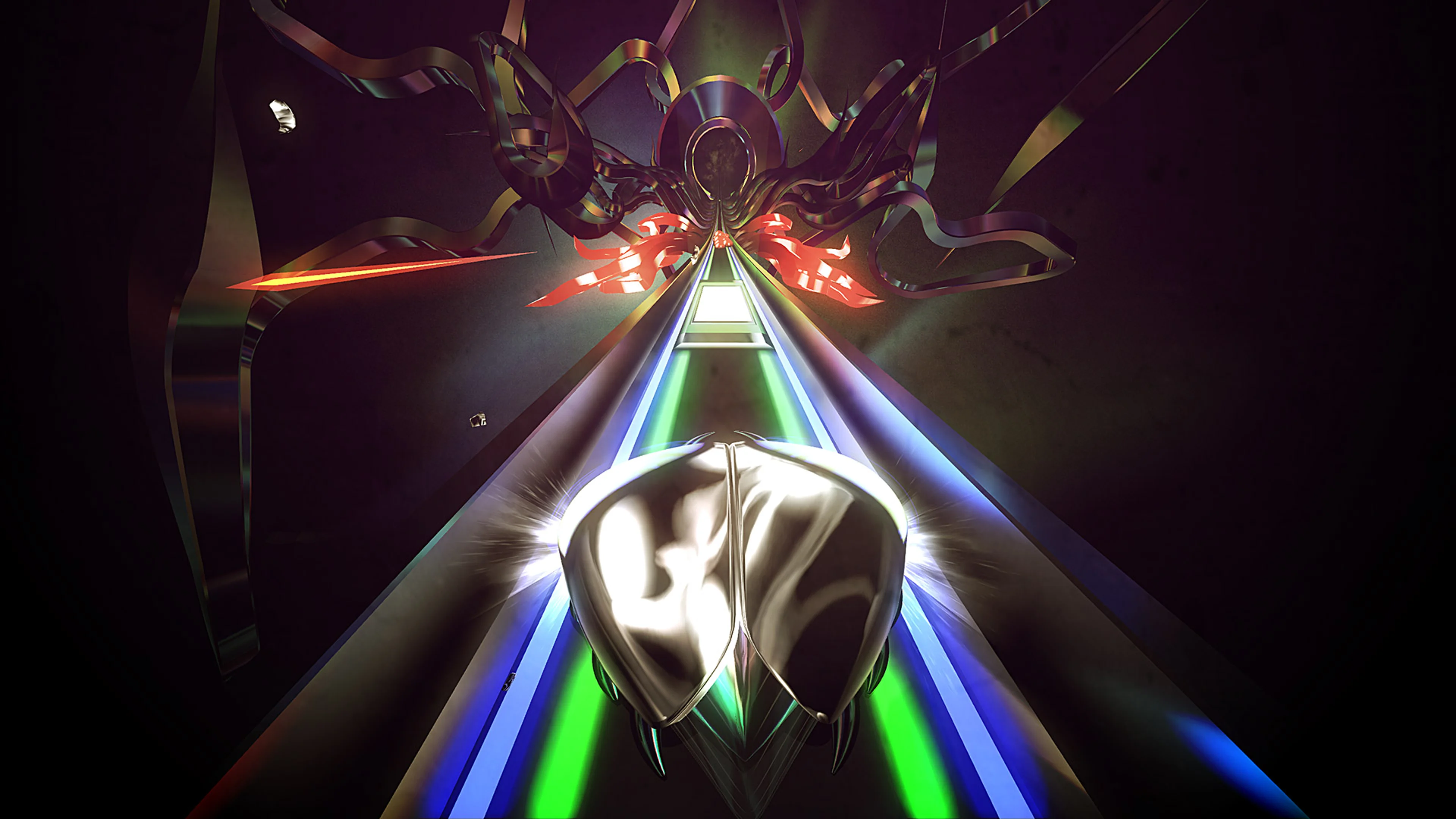 Official Thumper screenshot with a pale rectangular thump tile ahead of the silver beetle on a straight track.