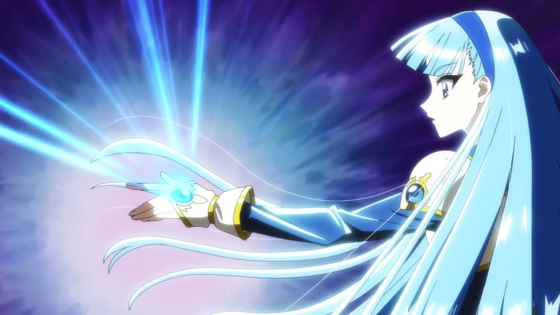 Umi reaches forward as blue light surrounds her in Magic Knight Rayearth.