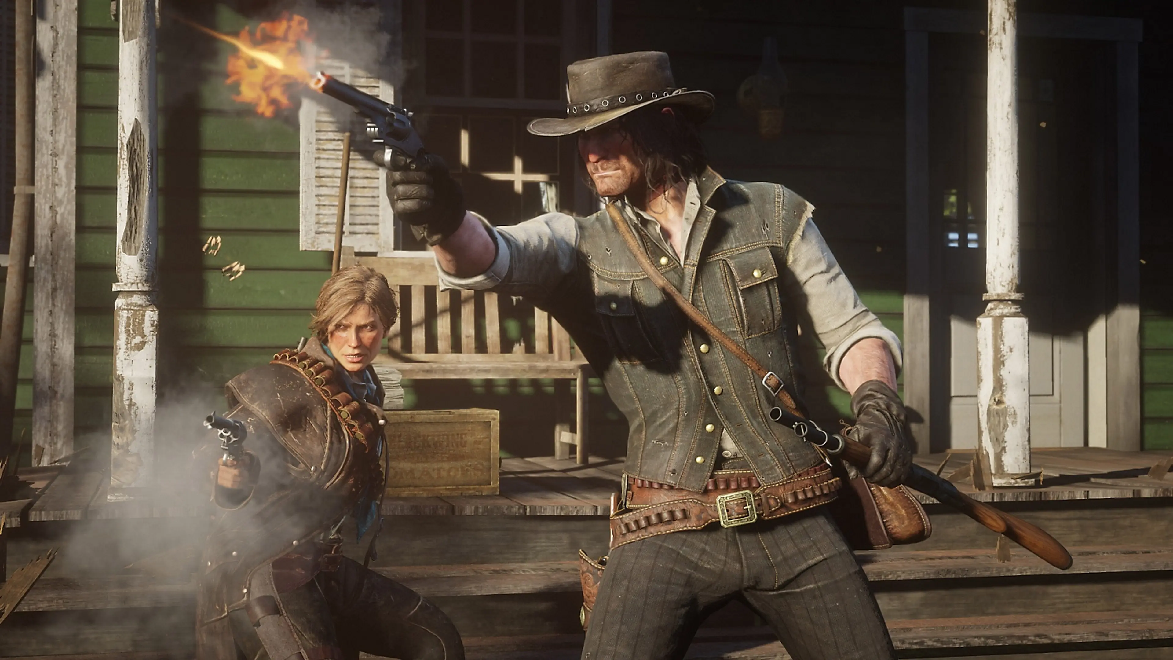 Two armed characters firing revolvers during a Red Dead Redemption 2 gunfight.