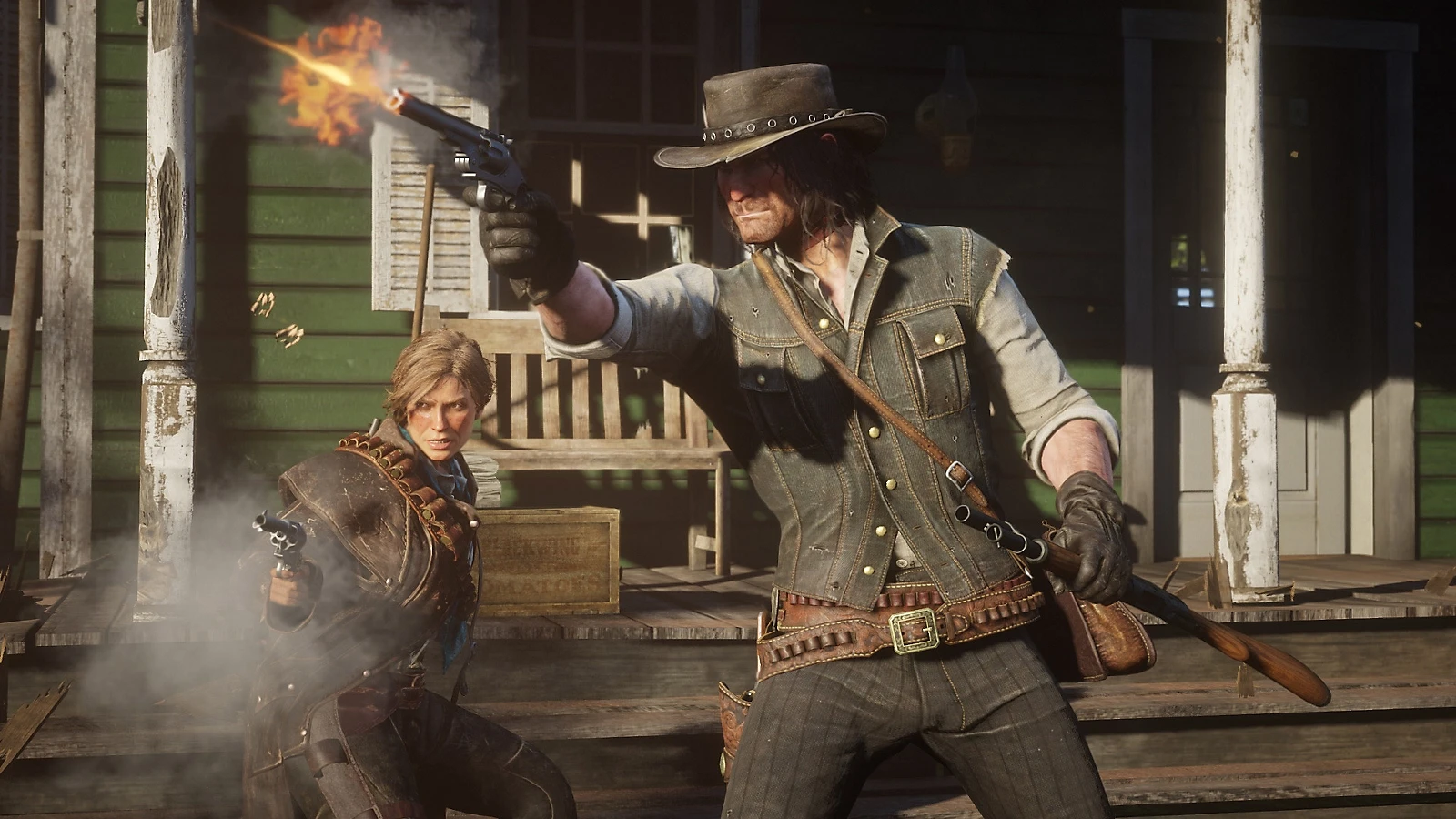 Two armed characters firing revolvers during a Red Dead Redemption 2 gunfight.