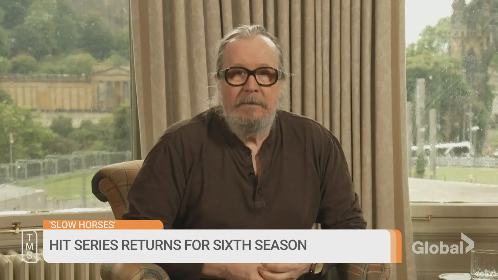 Gary Oldman speaks by video during a September 2026 interview with Global News.