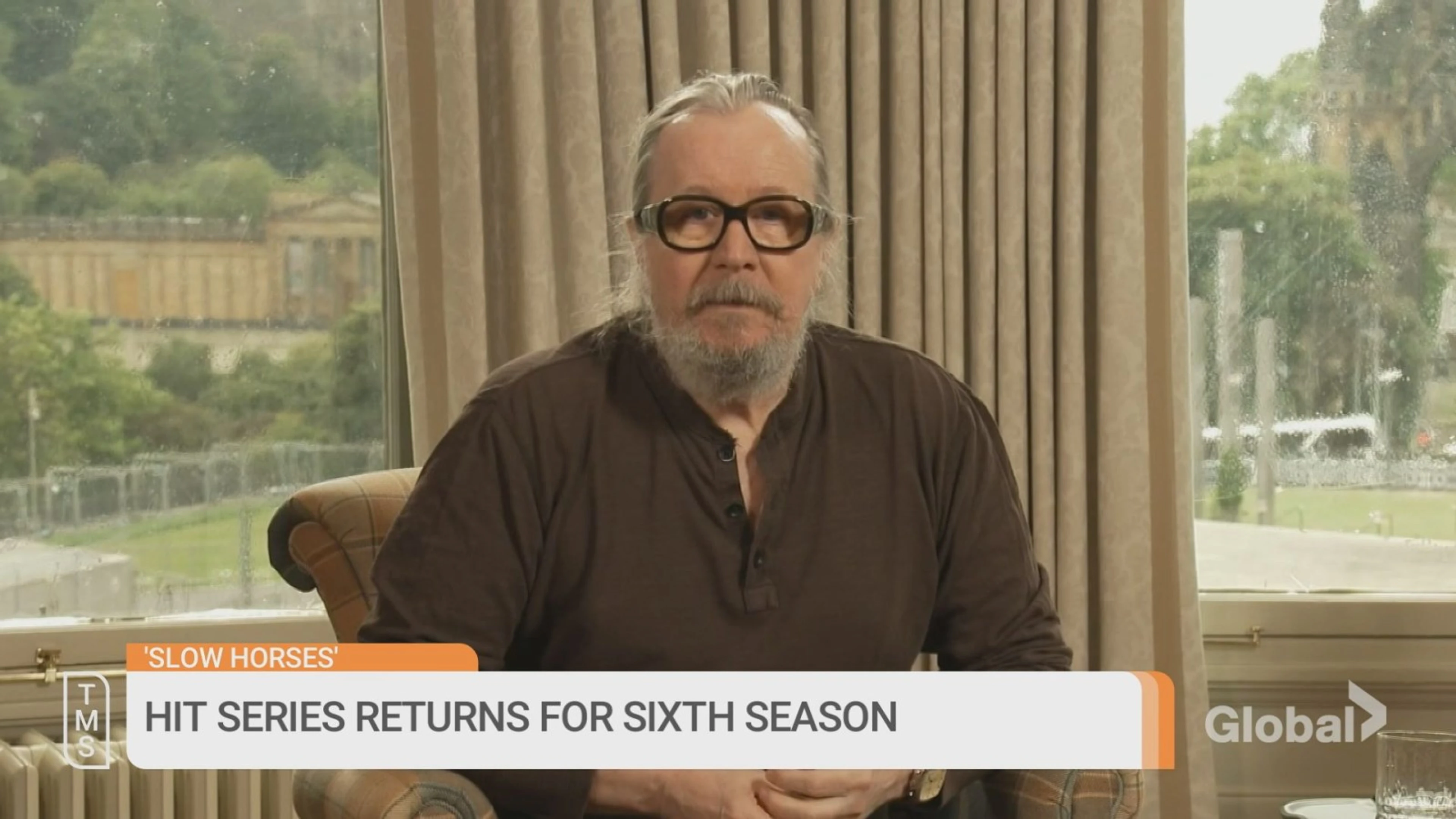 Gary Oldman speaks by video during a September 2026 interview with Global News.