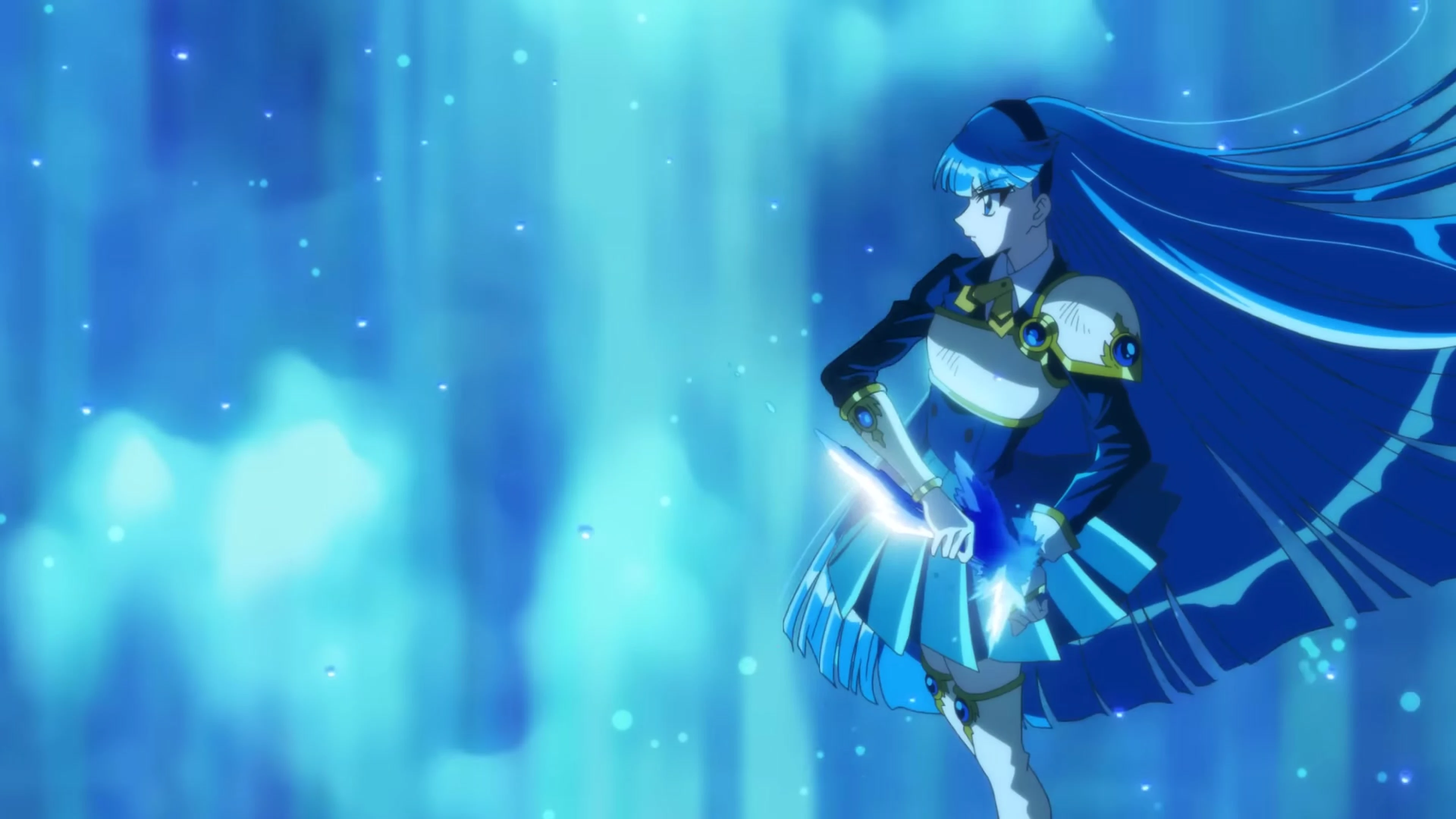 Umi Ryuuzaki appears in blue armor and holds her sword in Magic Knight Rayearth.