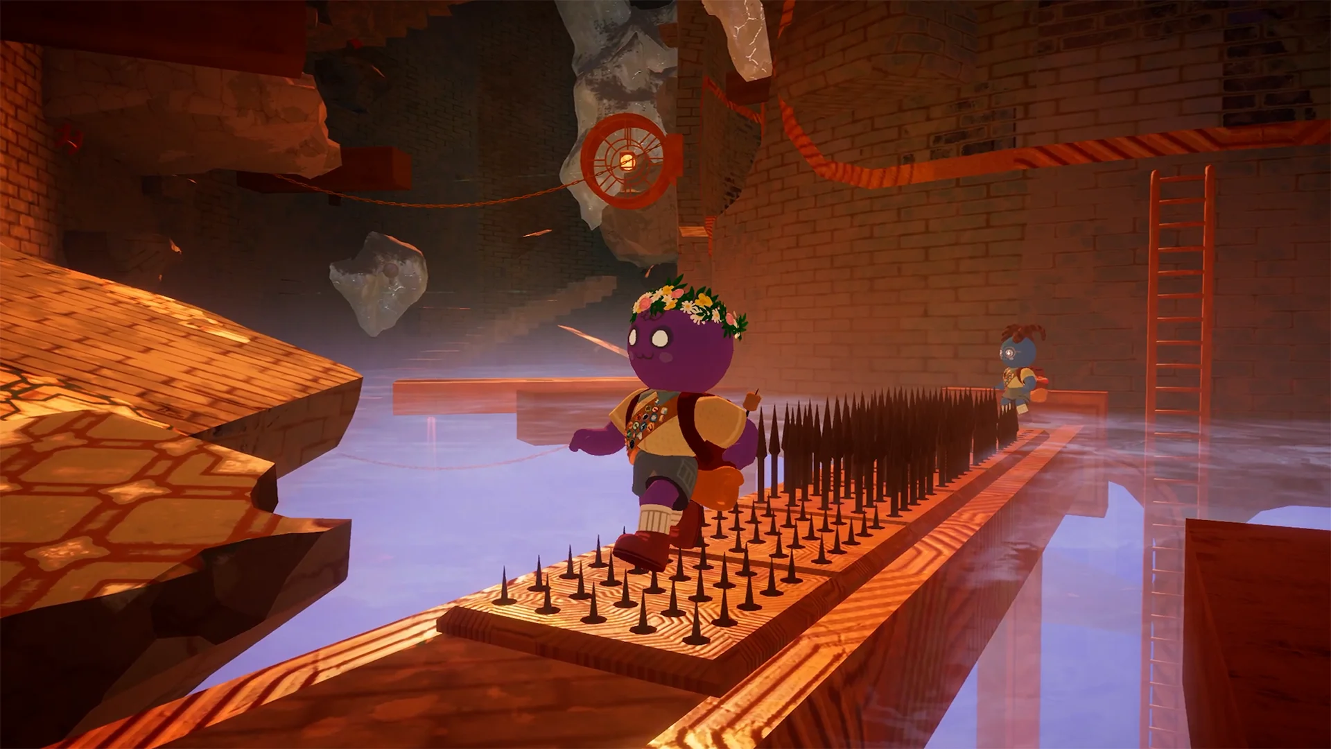 Two PEAK scouts cross narrow platforms and spike traps inside THE CITADEL.