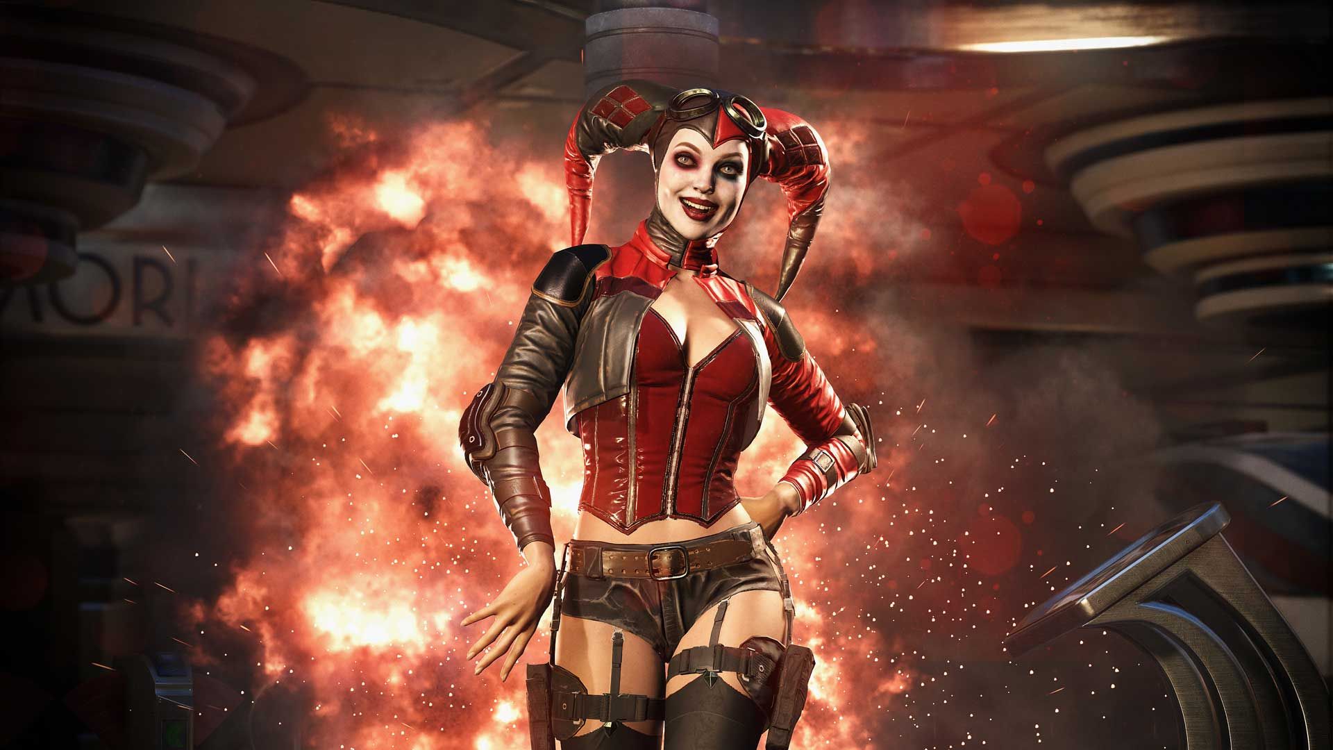 Harley Quinn stands in red-and-black clothing, goggles and two long pigtails.