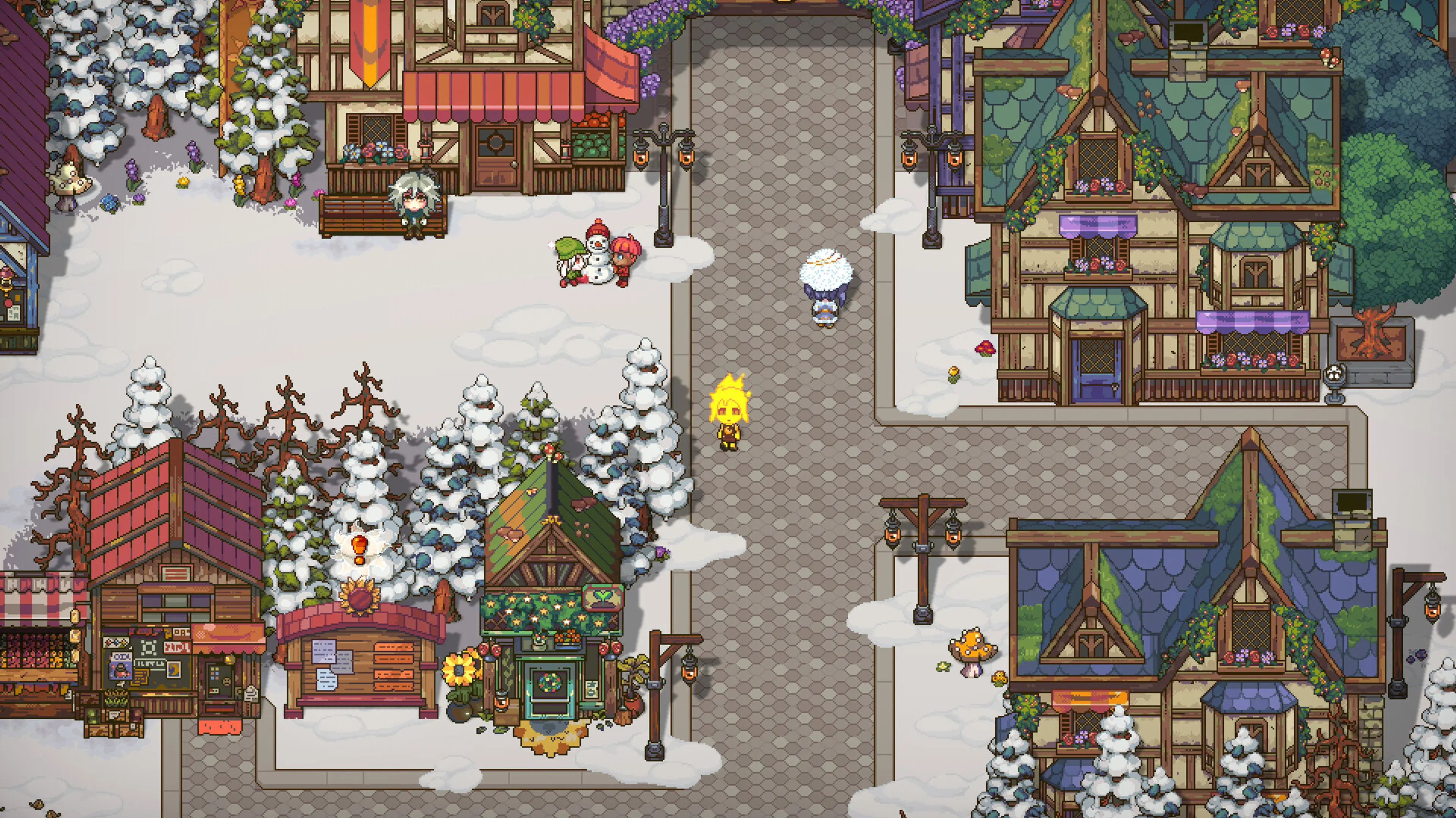 Snow-covered homes and paths during winter in Sun Haven.