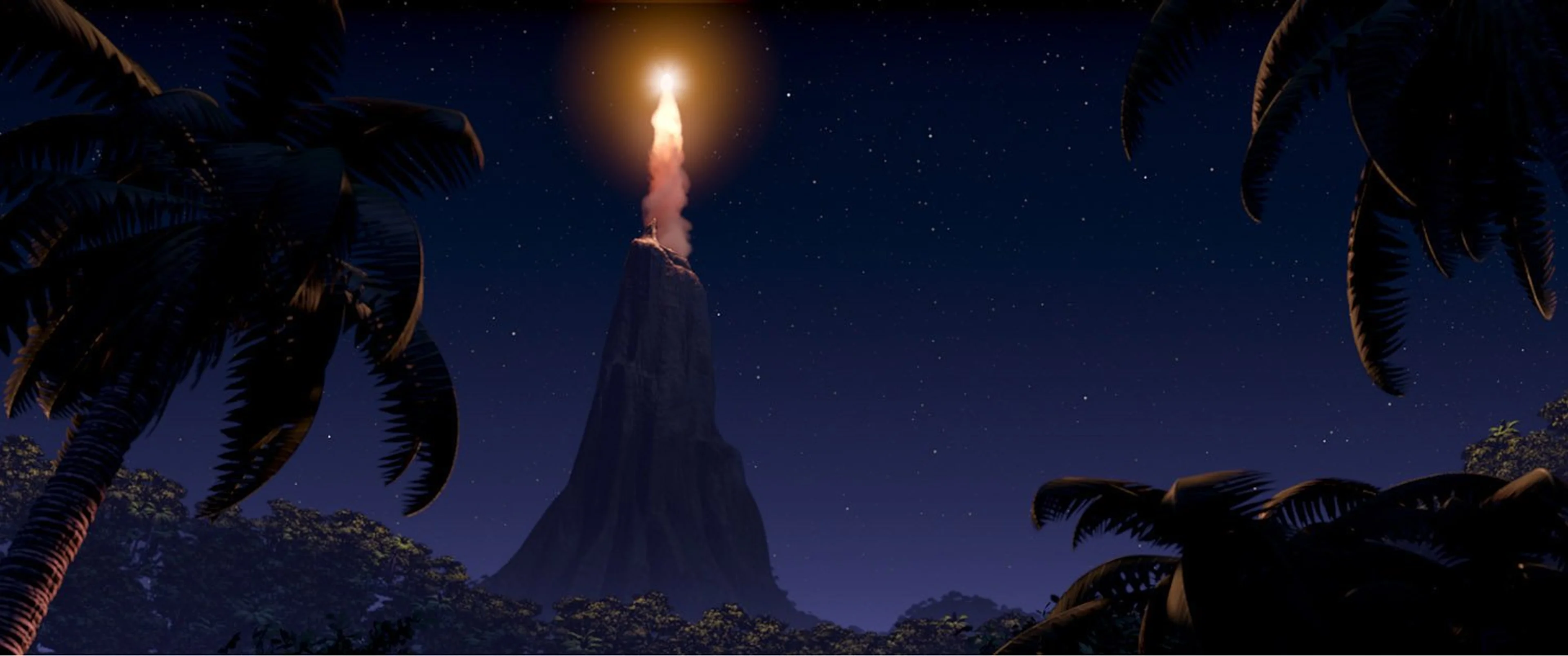 A volcano rises above the jungle at night in an official image from The Incredibles.