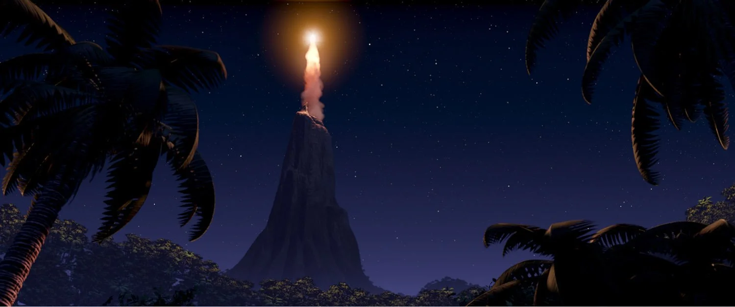 A volcano rises above the jungle at night in an official image from The Incredibles.