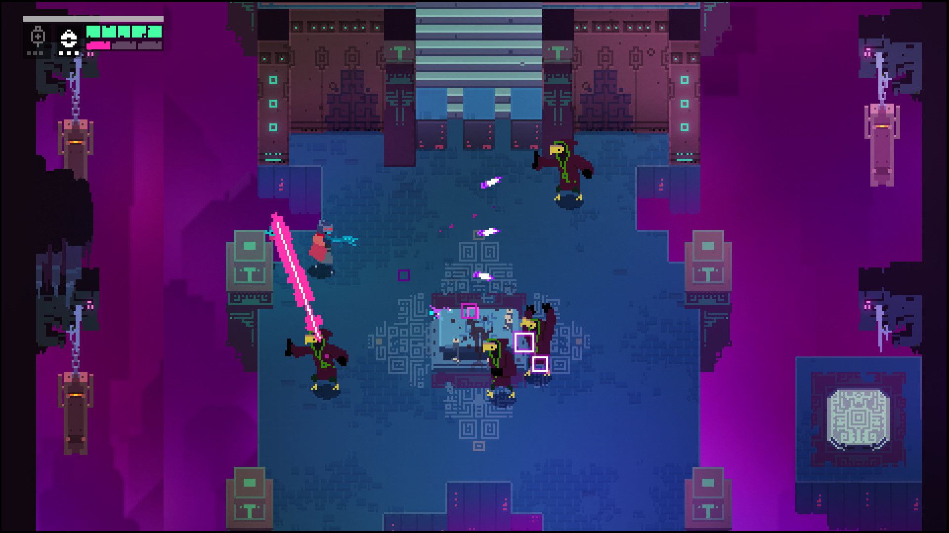 A top-down fight takes place in a purple room with enemies and bright weapon effects.