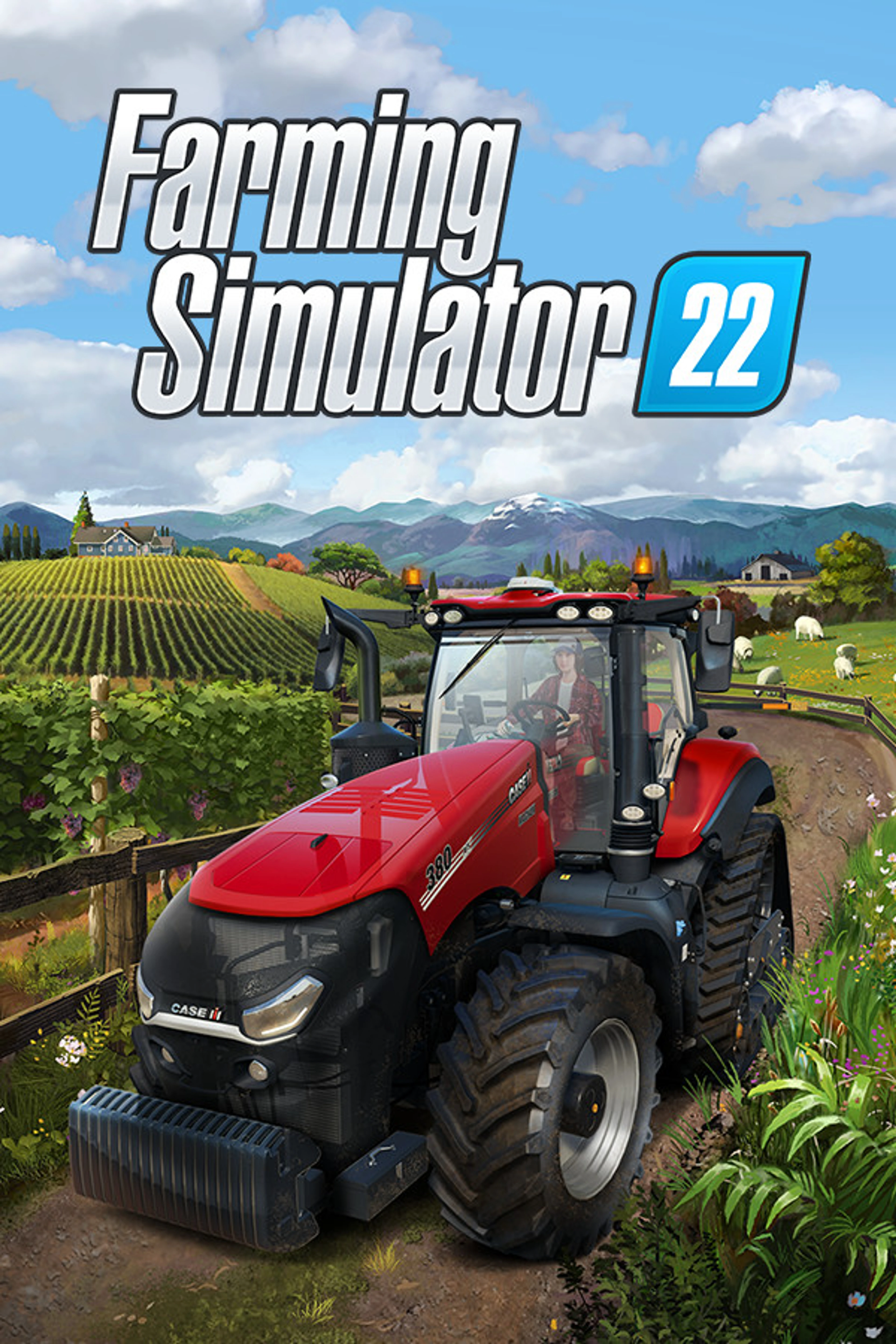 Official portrait cover with a red tractor between crop rows below the native Farming Simulator 22 title.