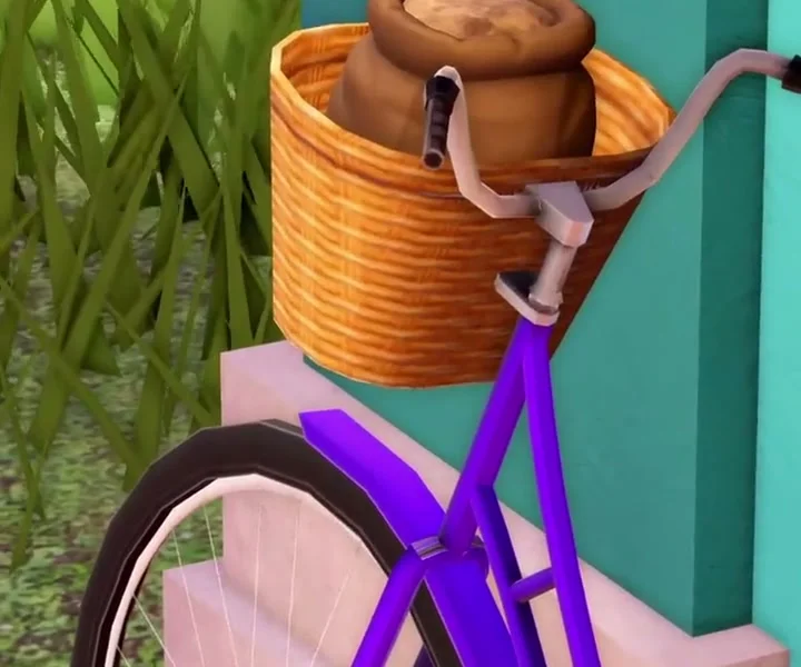 Flour in the orange basket on a purple bicycle outside the Recording Studio.