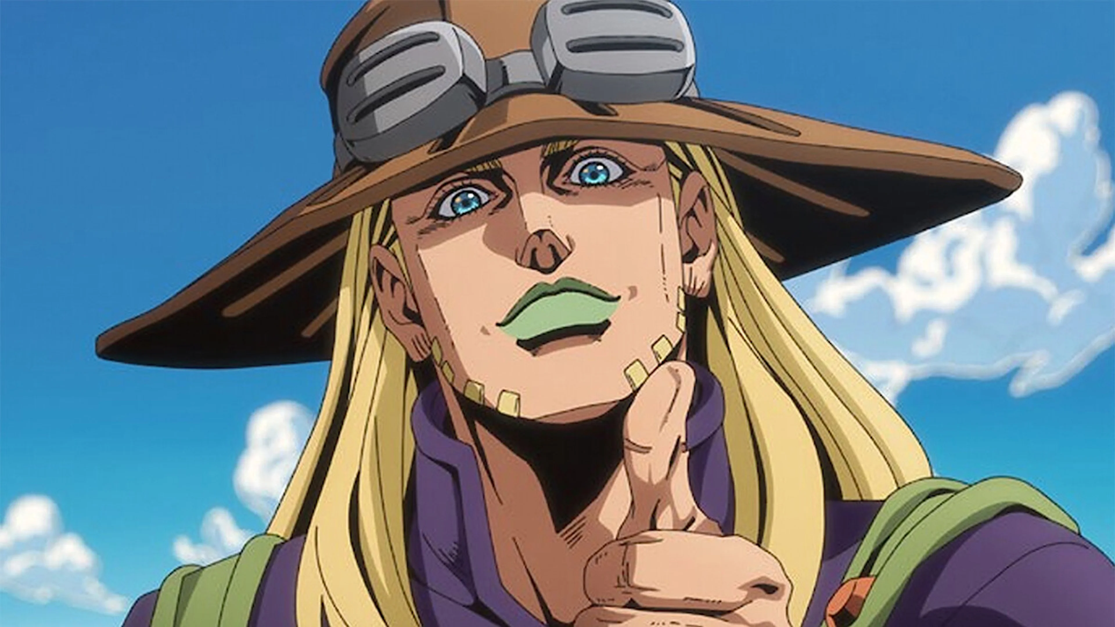 Gyro Zeppeli tips his hat under a blue sky in Steel Ball Run.