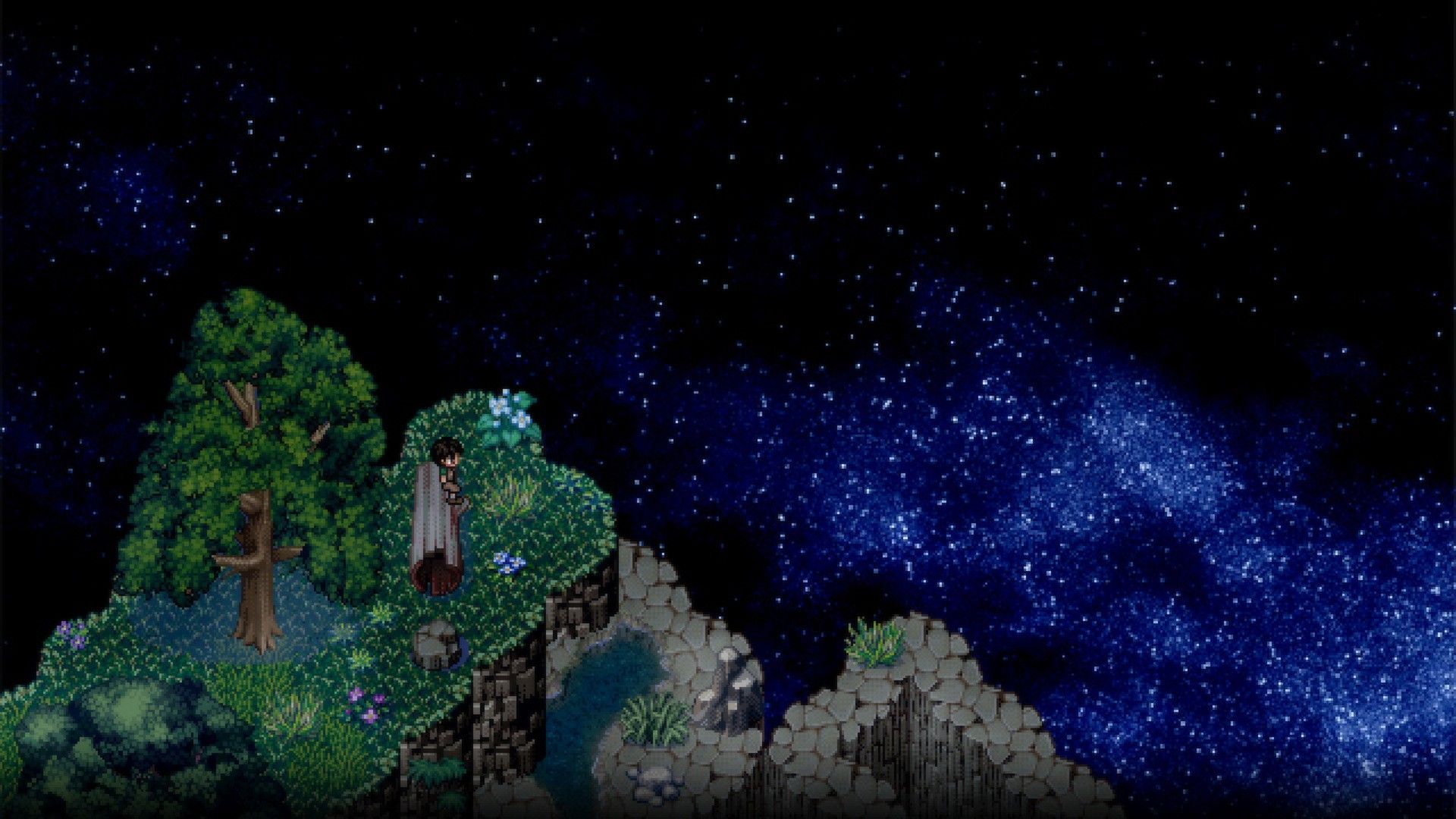 A rocky cliff with trees beneath a sky full of stars in To the Moon.