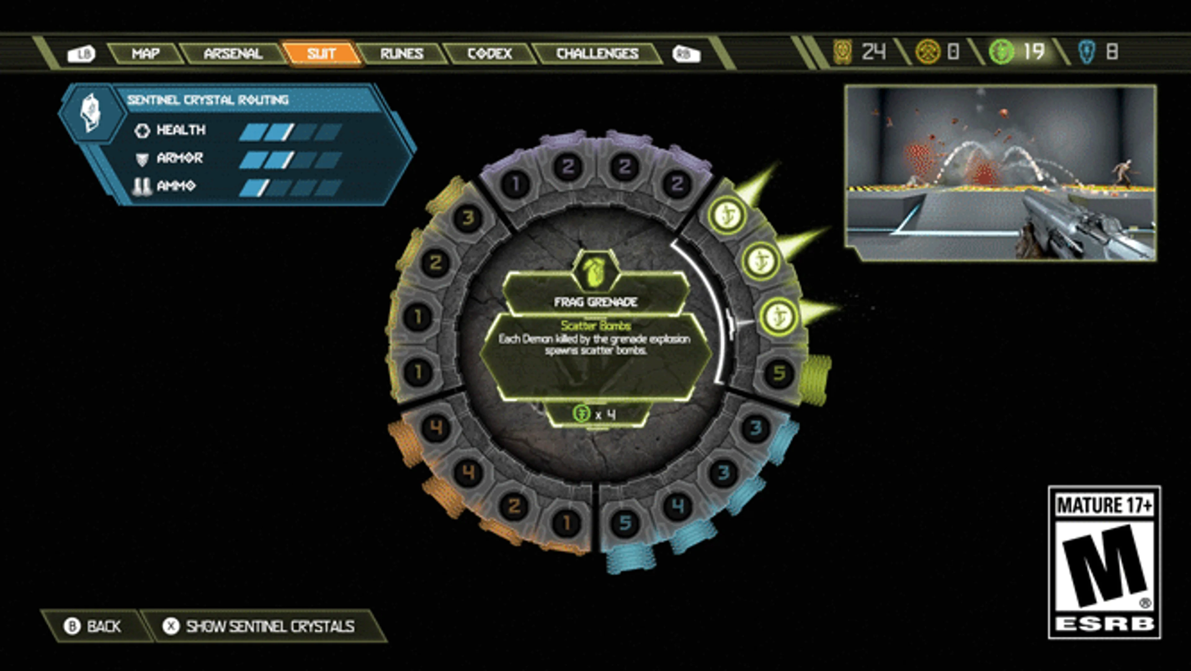 DOOM Eternal menu with Suit highlighted, a circular perk wheel in the center and Health, Armor and Ammo bars on the upper-left.
