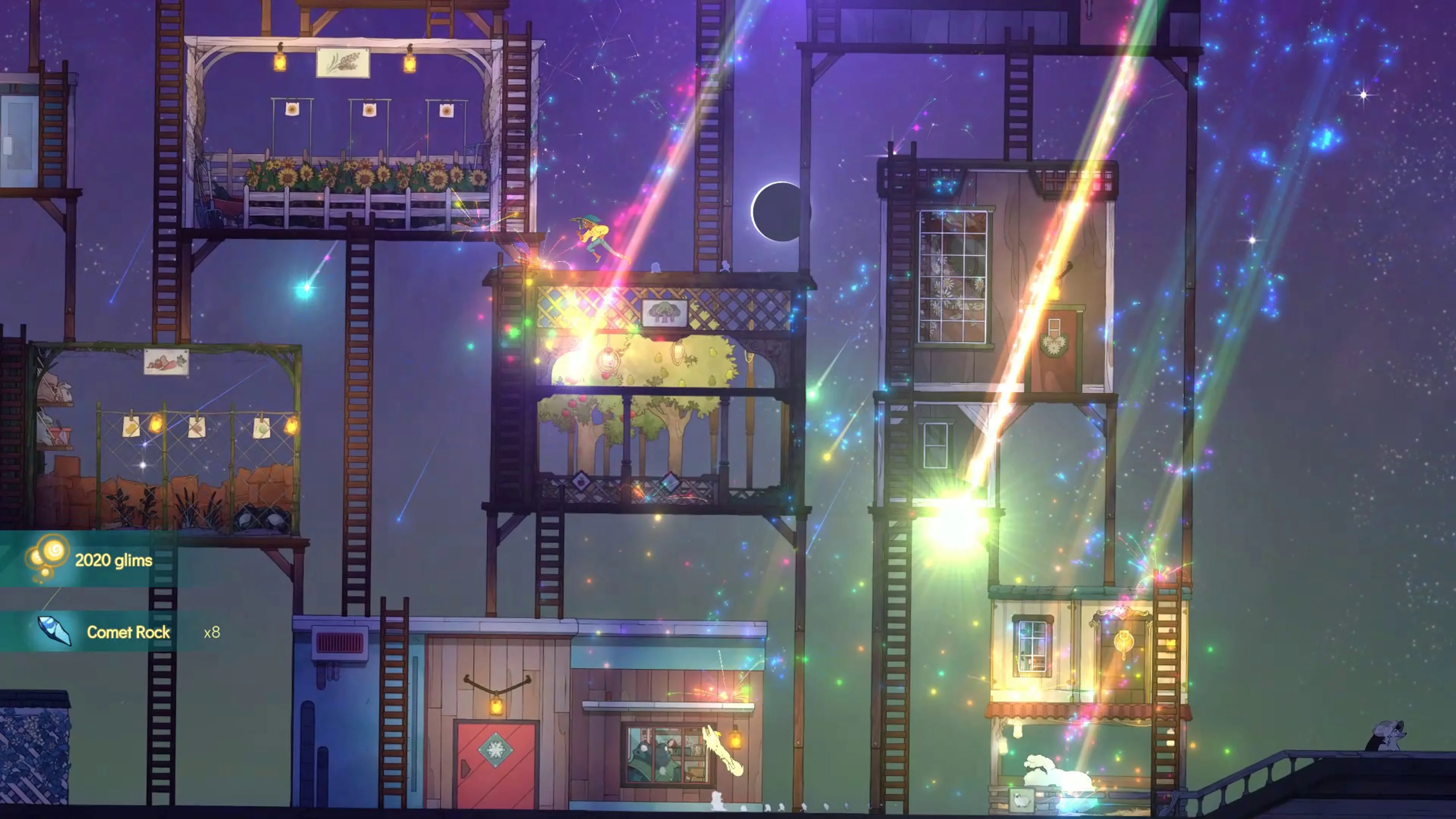 A small character jumps through a purple nighttime scene in Spiritfarer.
