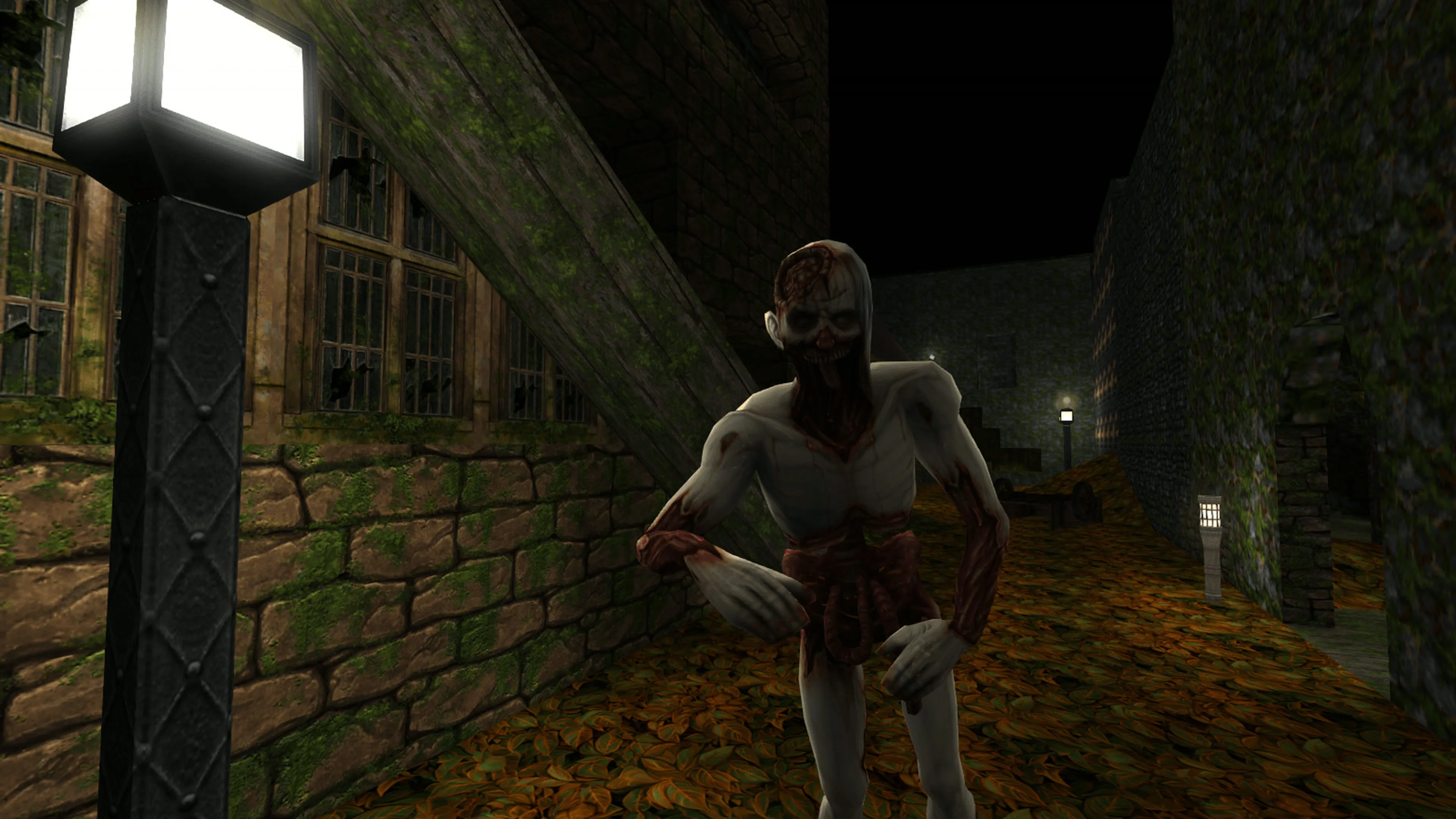 An undead creature approaches Garrett beside a stone wall at night in Thief: The Dark Project Remastered.