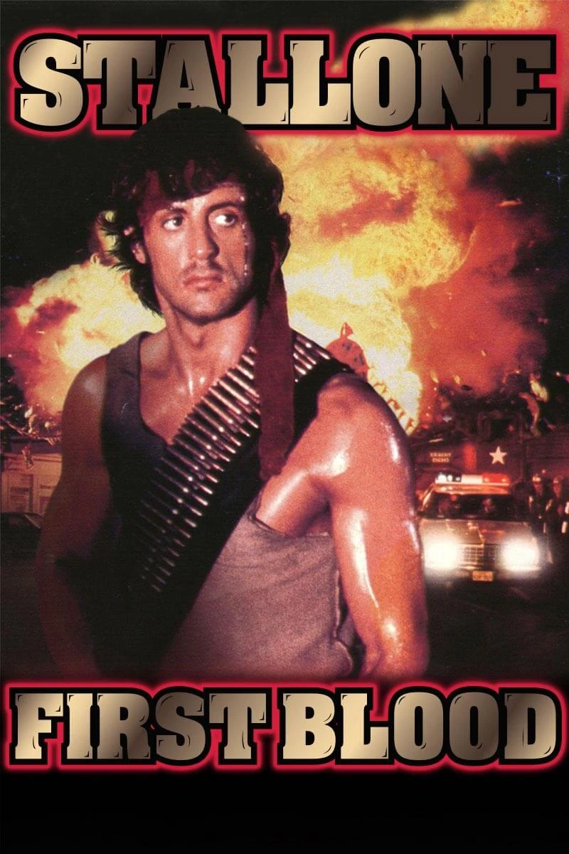 Original official First Blood poster showing Sylvester Stallone and the complete film title.