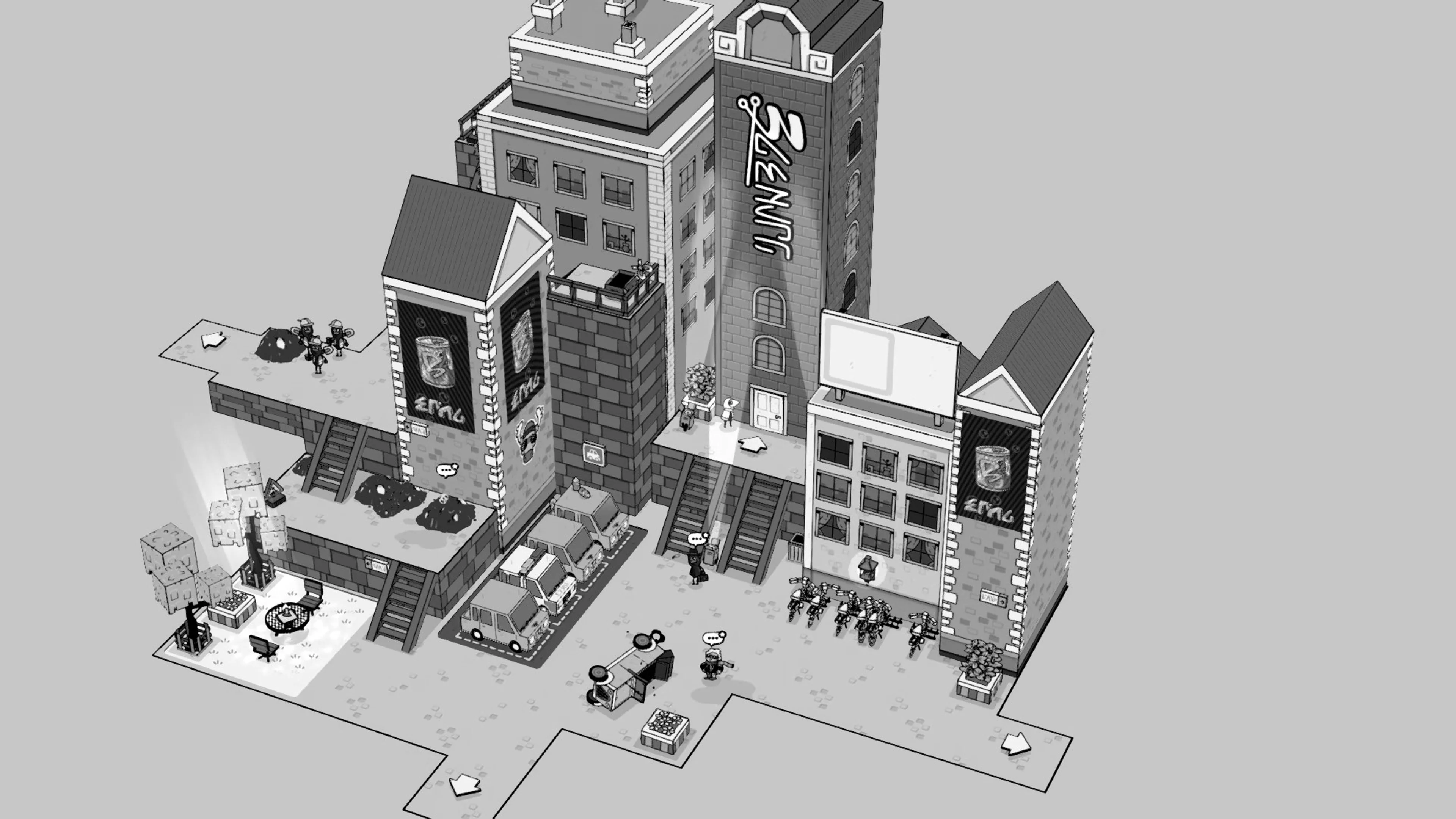 A black-and-white town with tall buildings in TOEM.